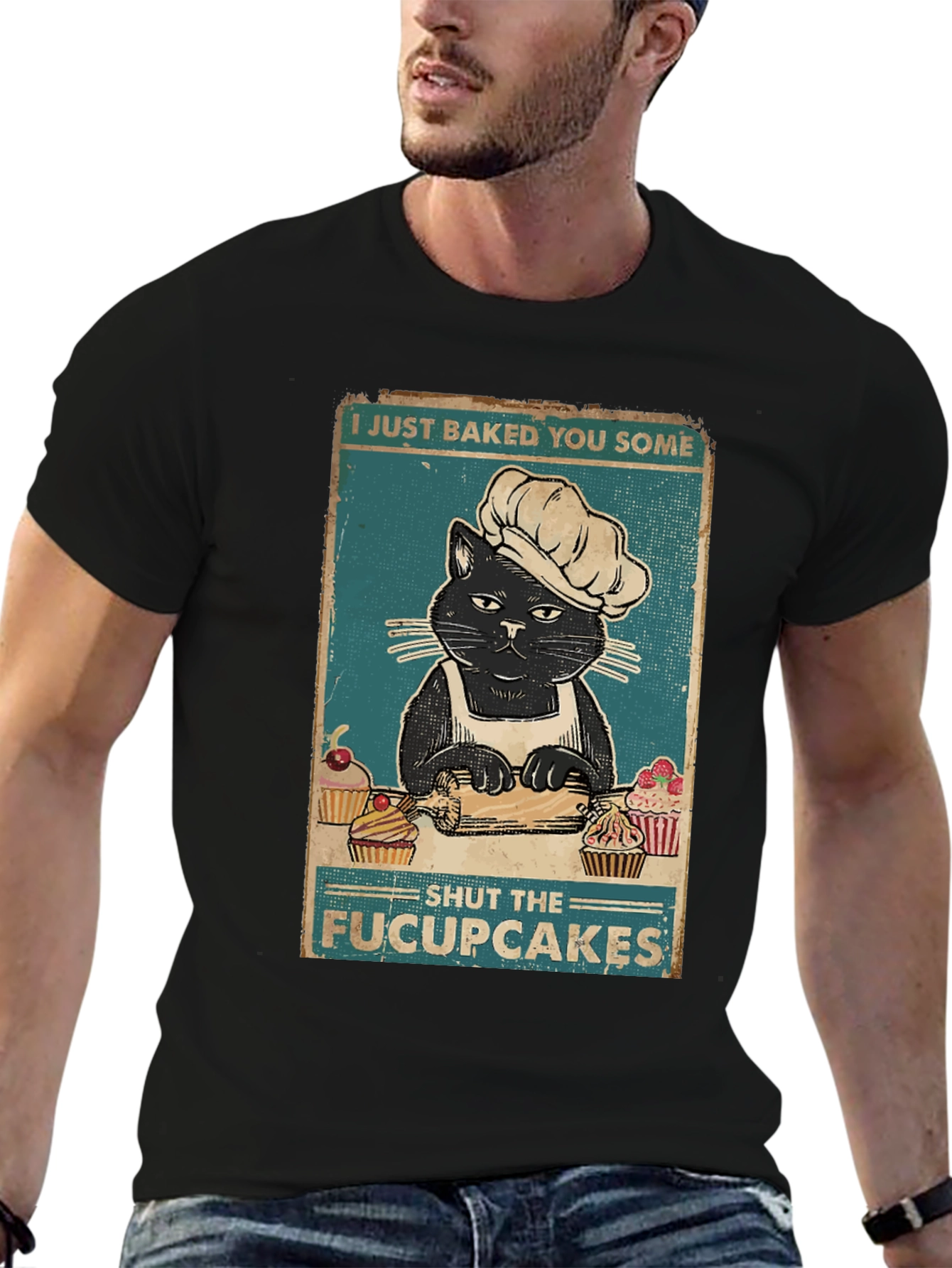 Black Funny Cat Baker T-Shirt - Shut the Fucupcakes! view 6