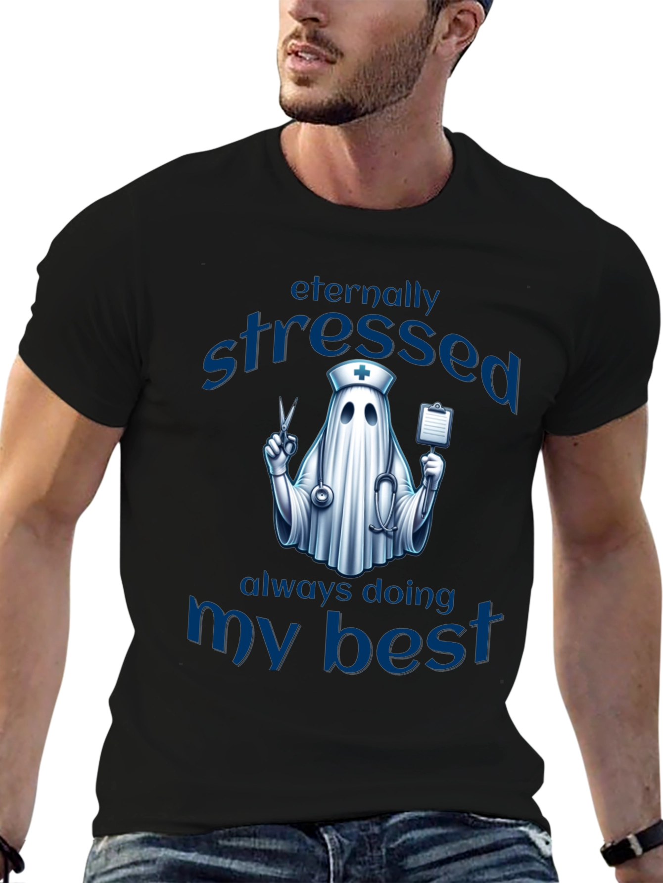 Black Eternally Stressed Nurse Ghost T-Shirt view 6