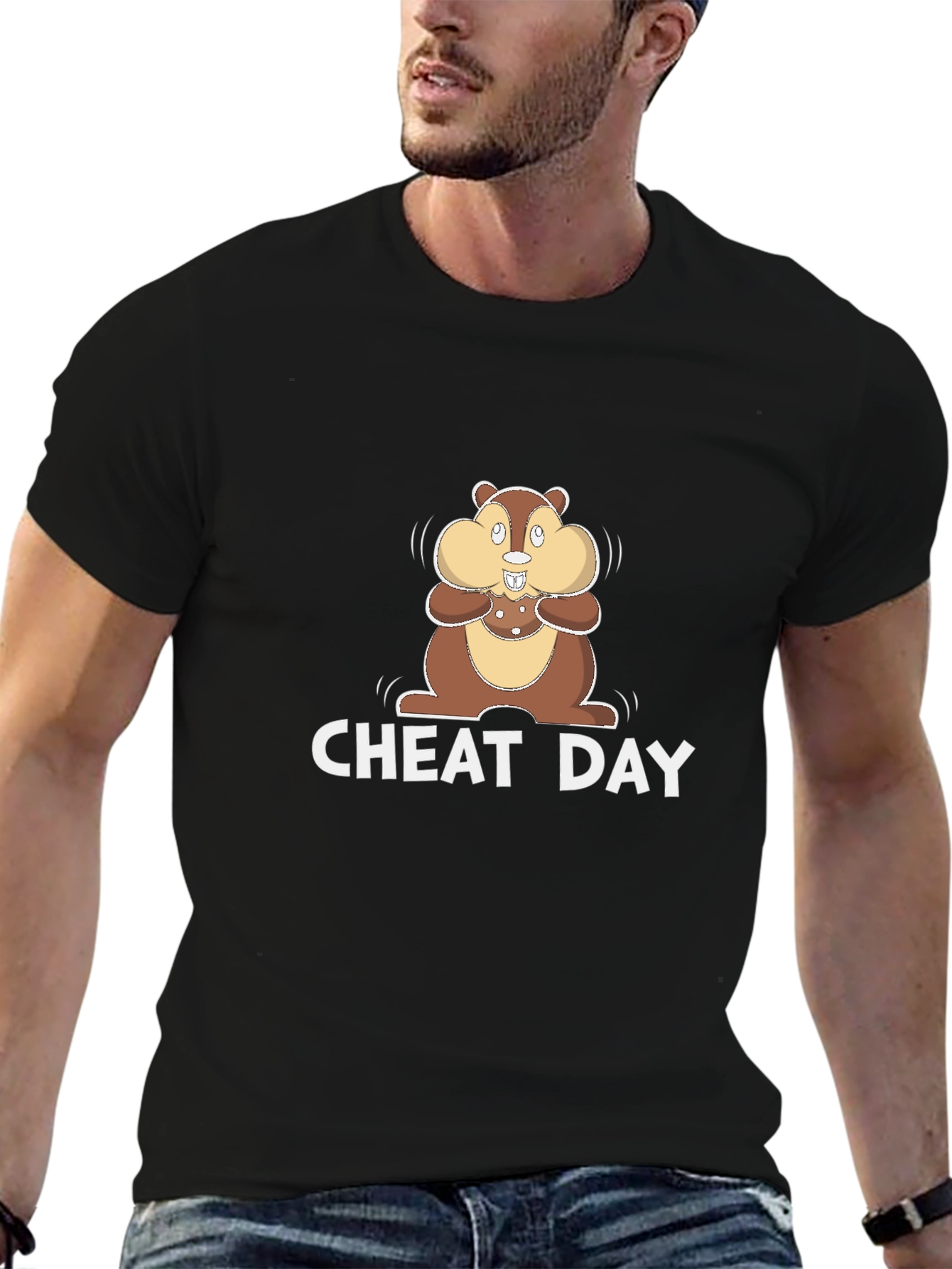 Black Cheat Day T-Shirt with Cartoon Chipmunk view 6