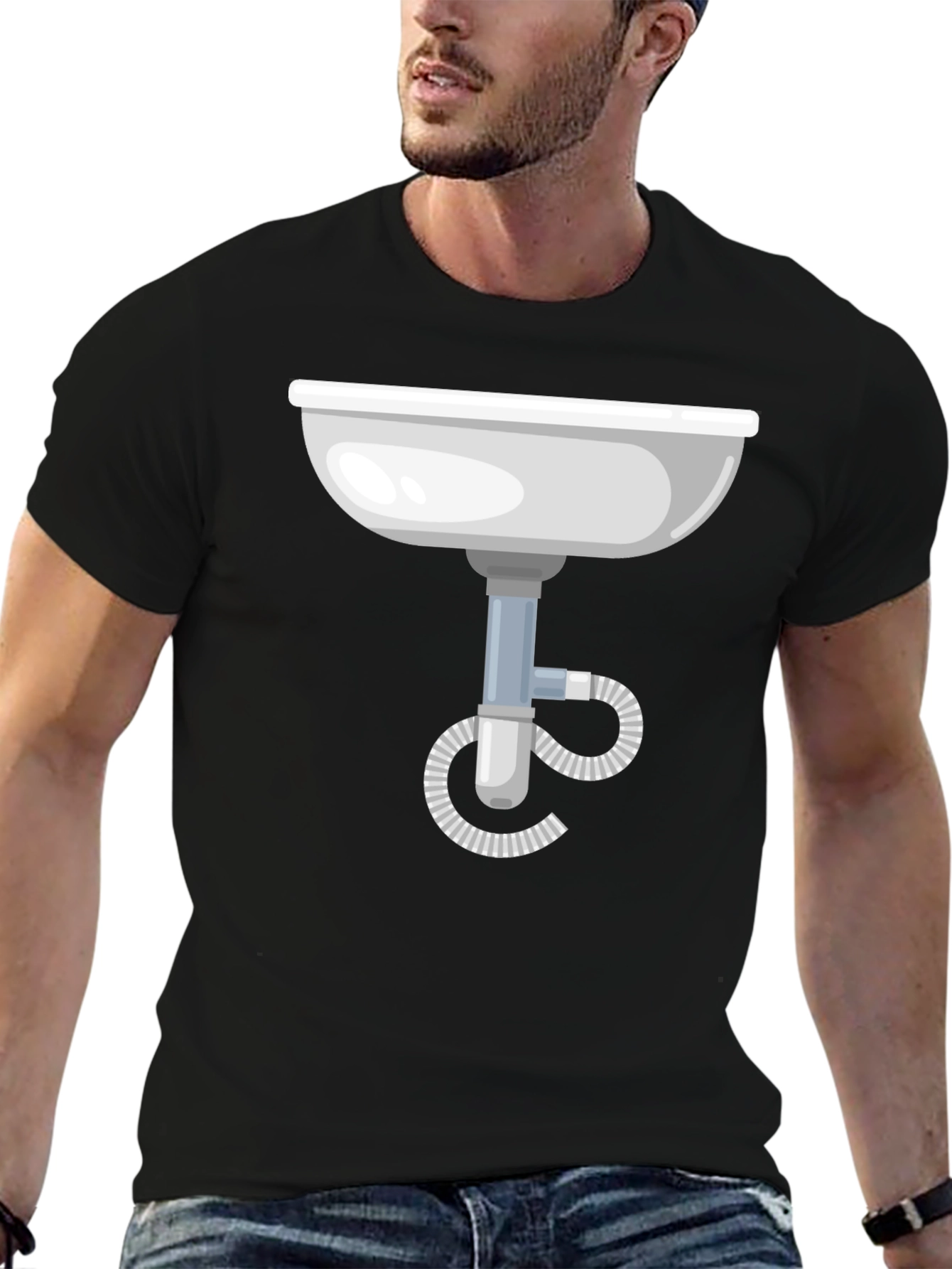 Black Funny Plumbing Sink Graphic Tee - Black Cotton T-Shirt view 6