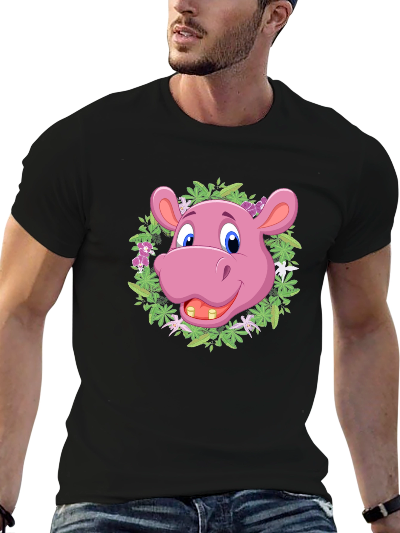 Black Cartoon Hippo Floral Wreath T-Shirt view 6