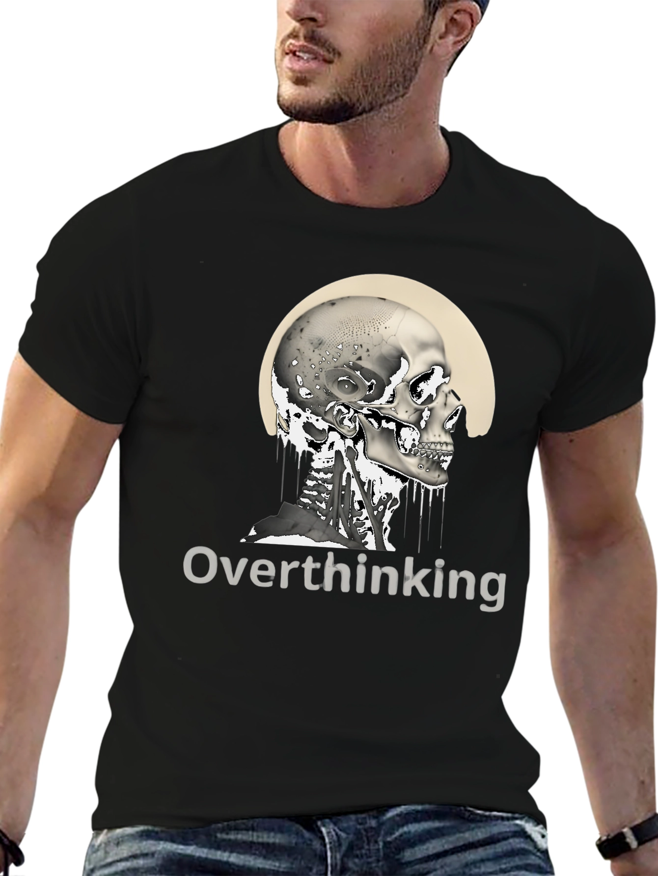 Black Overthinking Skull Graphic T-Shirt - Unisex Black Tee view 6