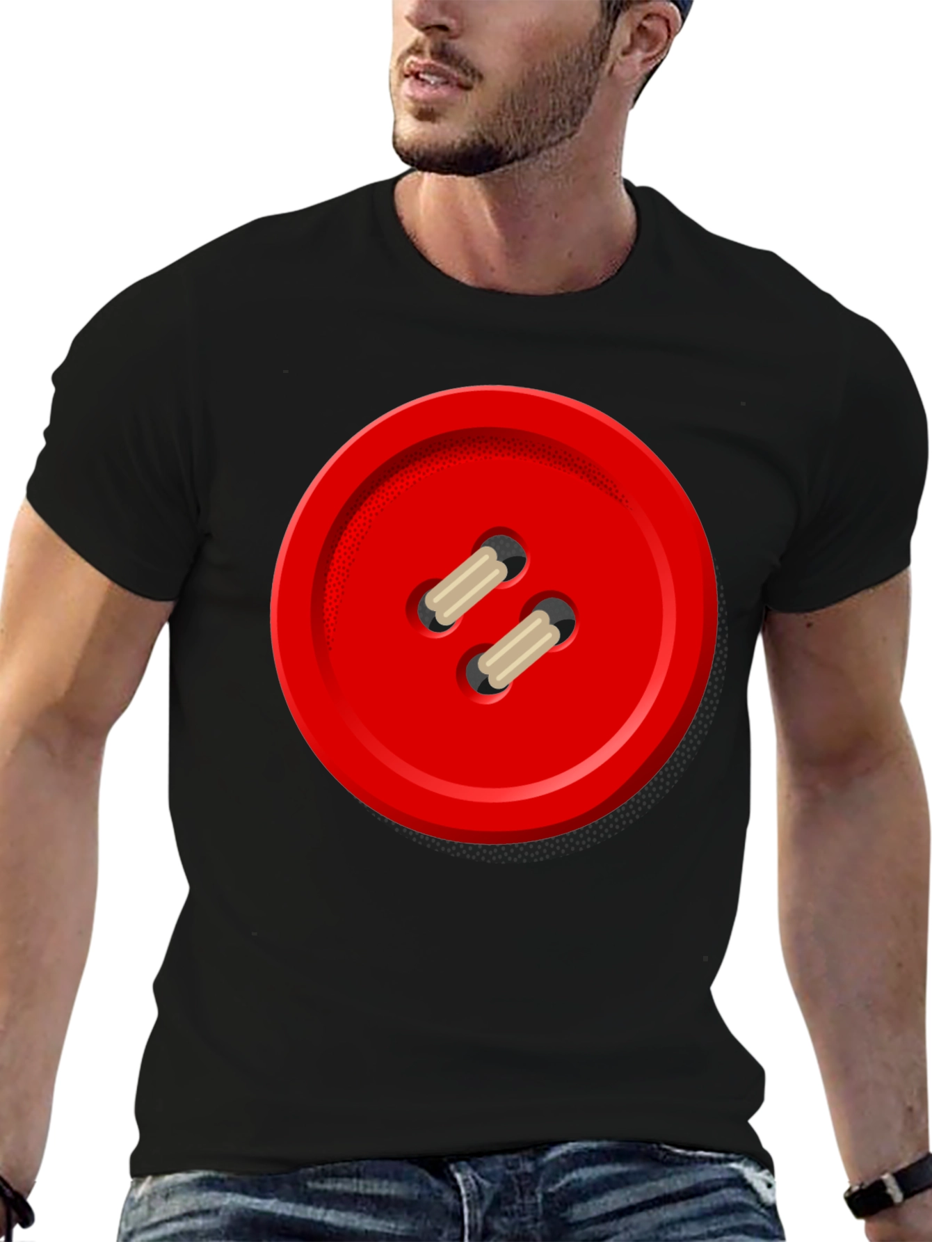 Black Red Button Graphic Tee - Unique Novelty Shirt view 6