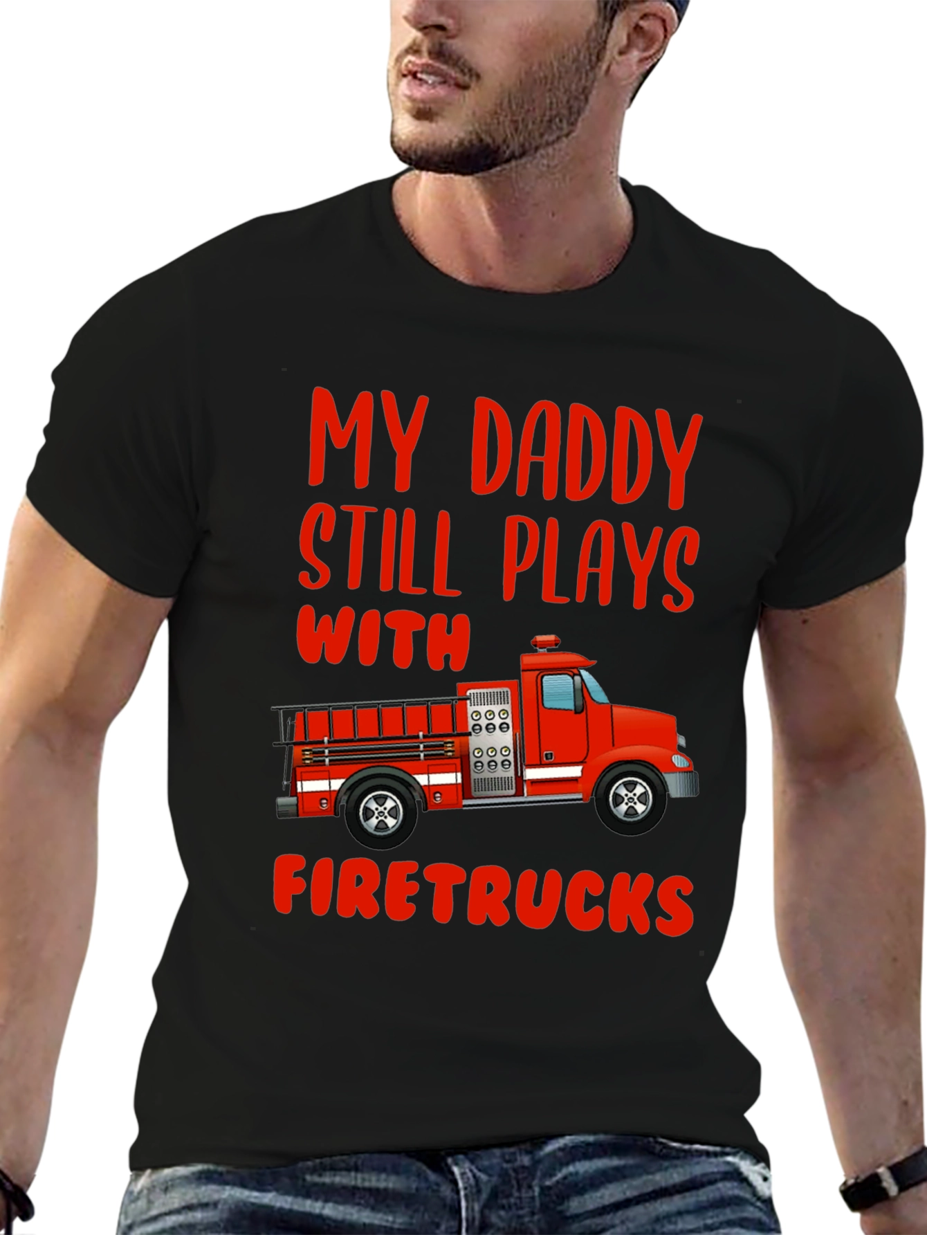 Black Daddy Firetrucks T-Shirt - Gift For Firefighter's Son view 6