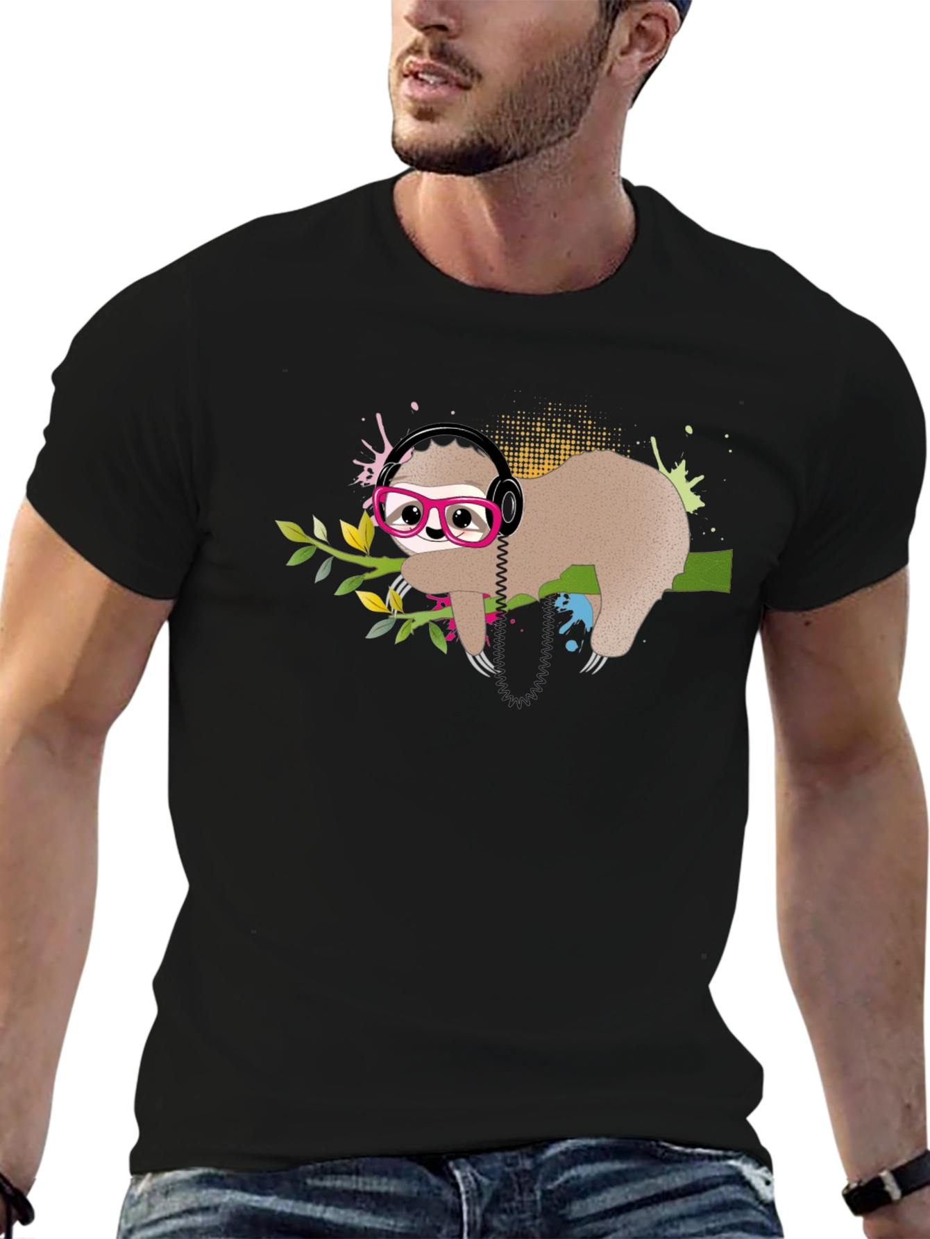 Black Sloth in Glasses T-Shirt, Cool Headphones Graphic Tee view 6