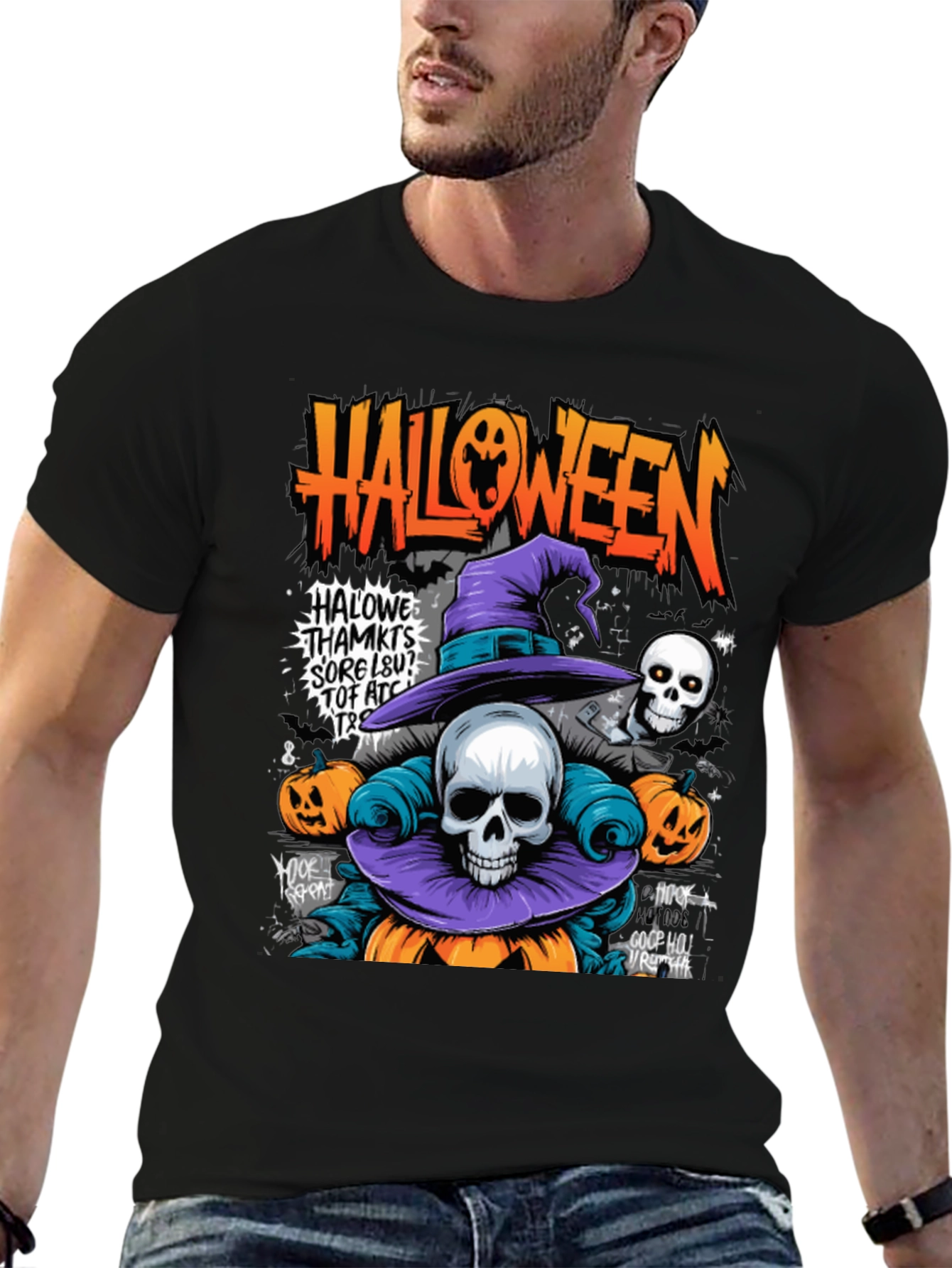 Black Halloween Skull Pumpkin Graphic Tee view 6