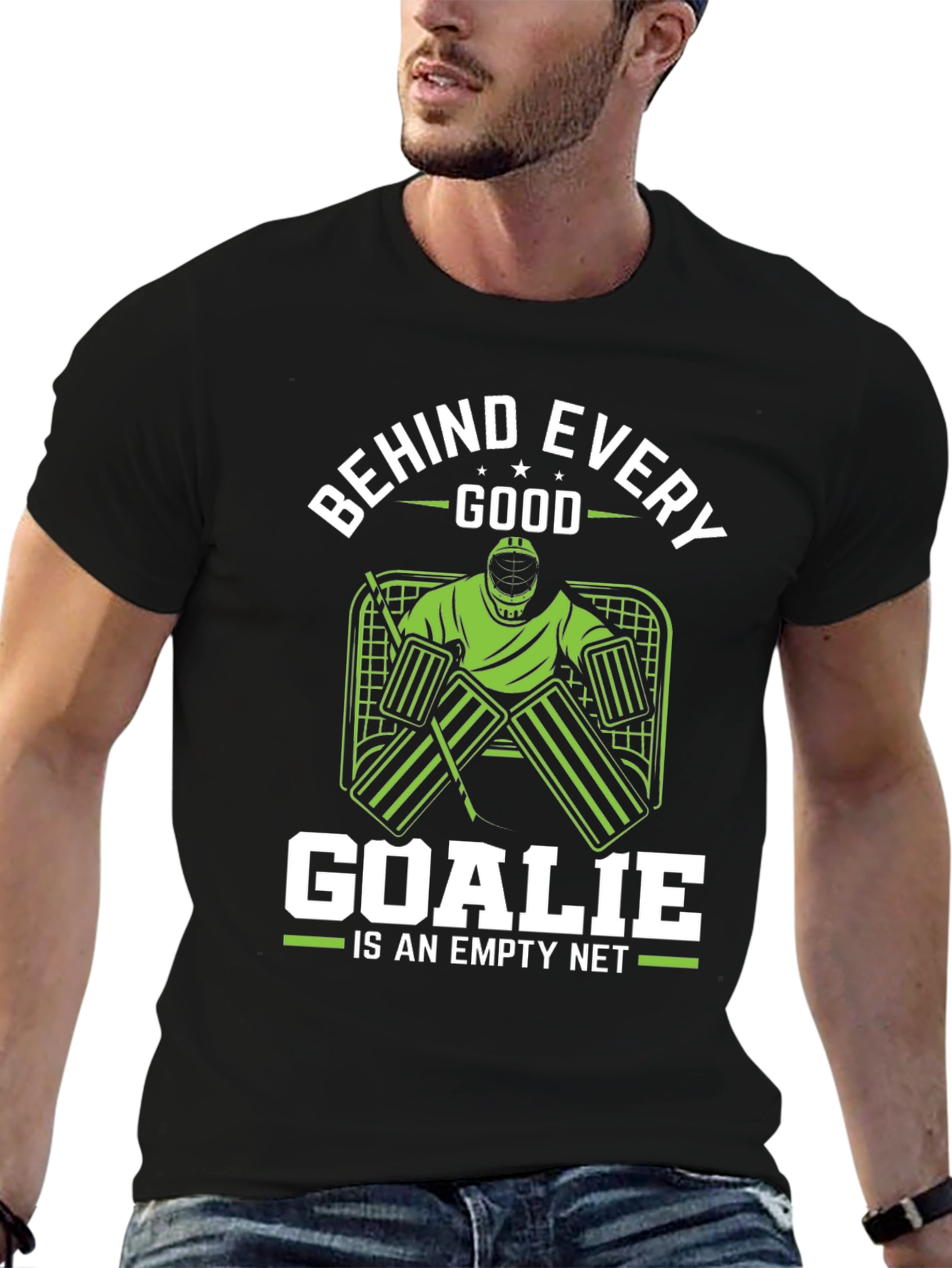 Black Funny Hockey Goalie T-Shirt - Behind Every Good Goalie view 6