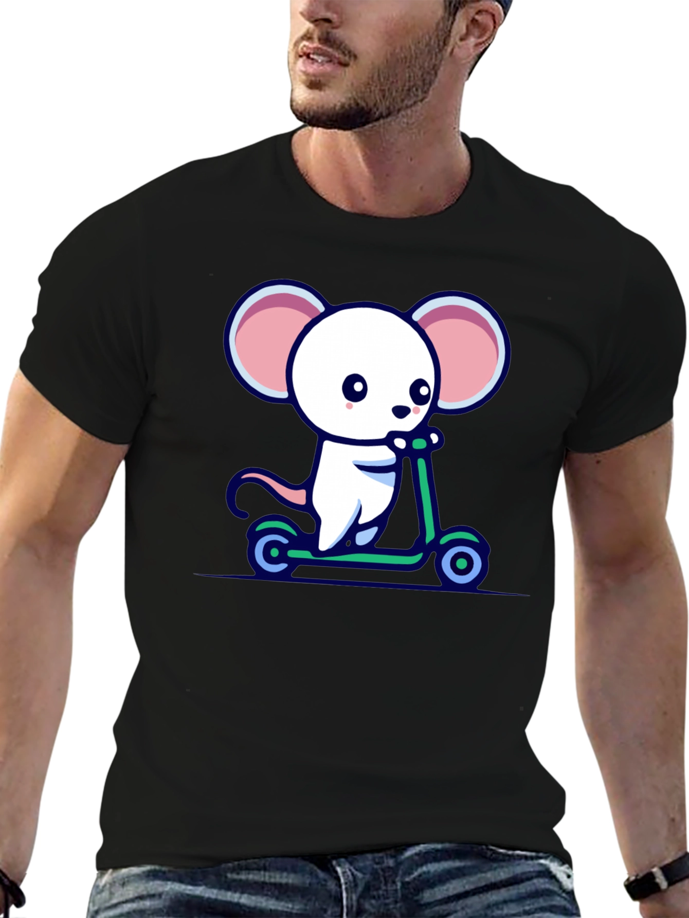 Black Cute Mouse Scooter Ride Graphic Tee - Black Cotton Comfort view 6