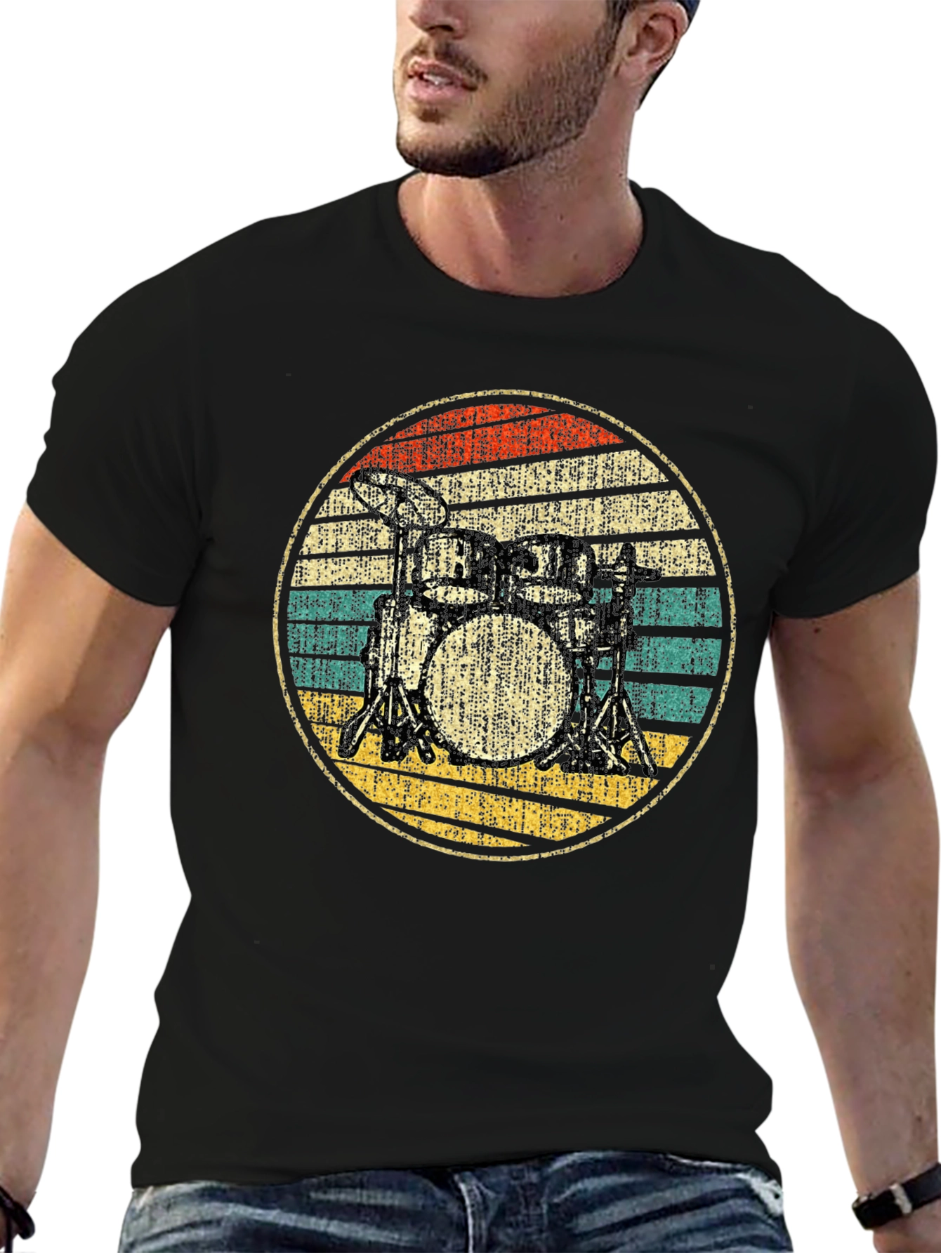 Black Vintage Drum Set T-Shirt - Retro Drummer Tee view 6