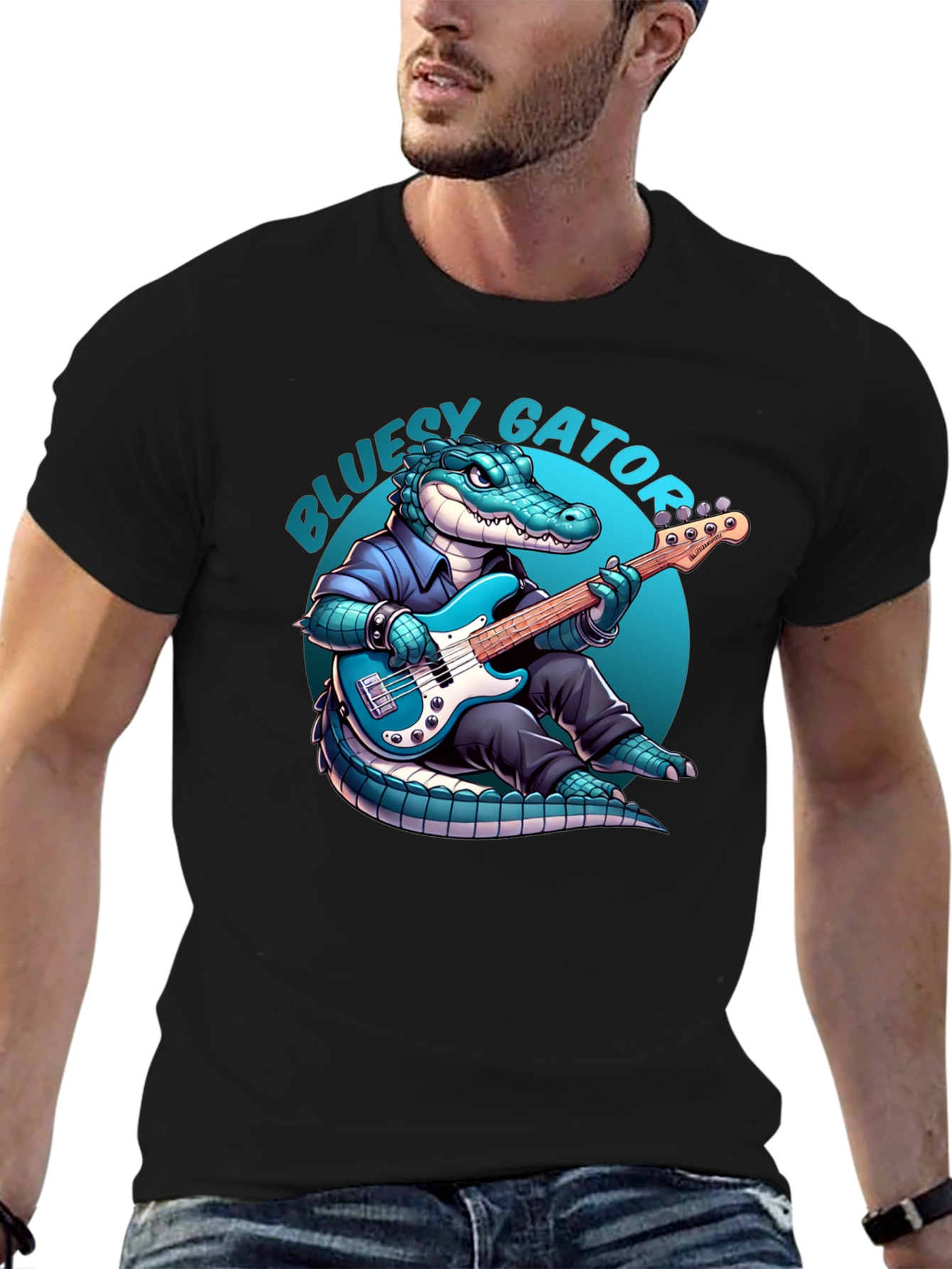 Black Bluesy Gator T-Shirt: Alligator Playing Bass Guitar view 6