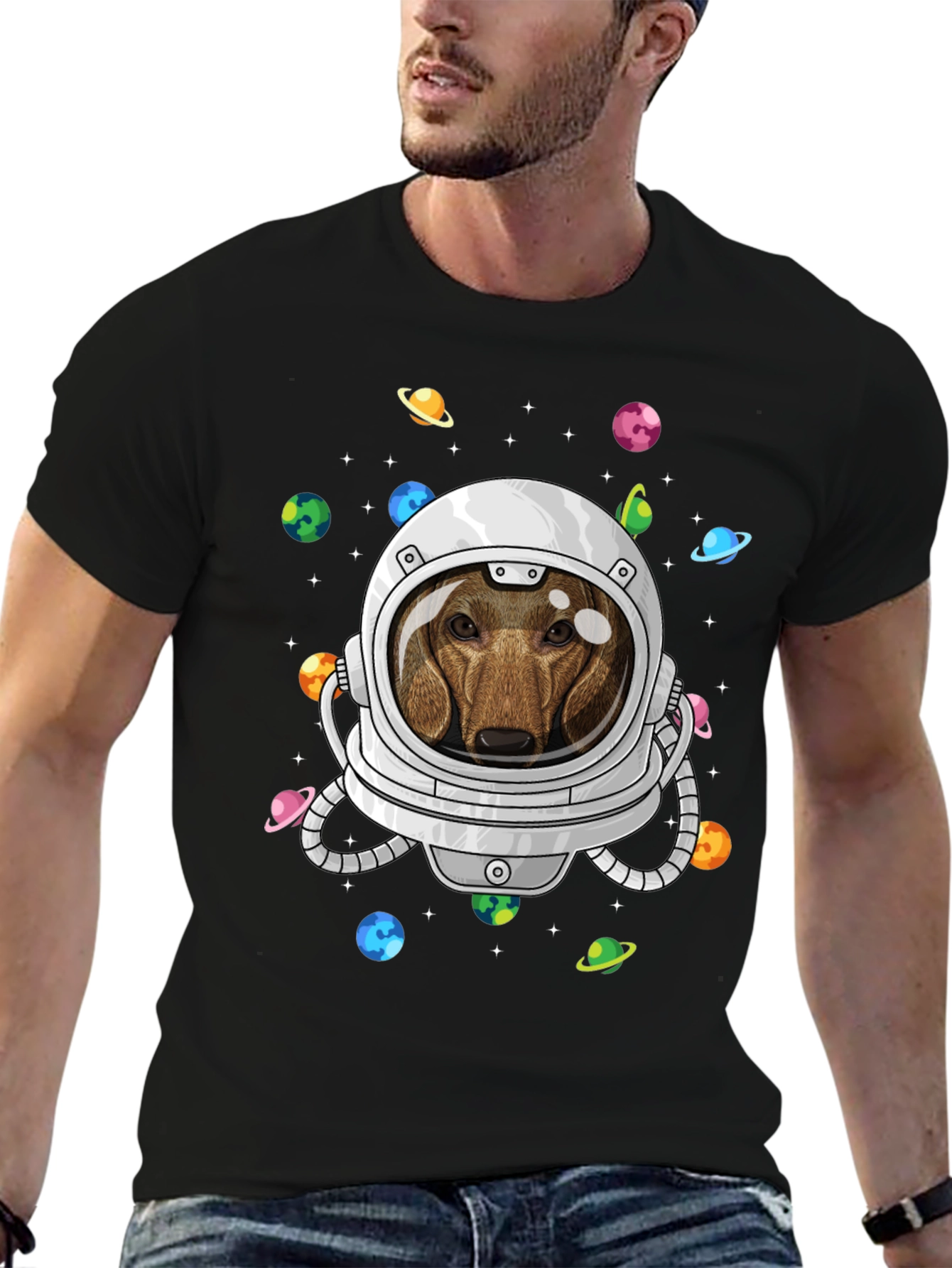 Black Dachshund Astronaut T-Shirt - Space Dog Tee view 6
