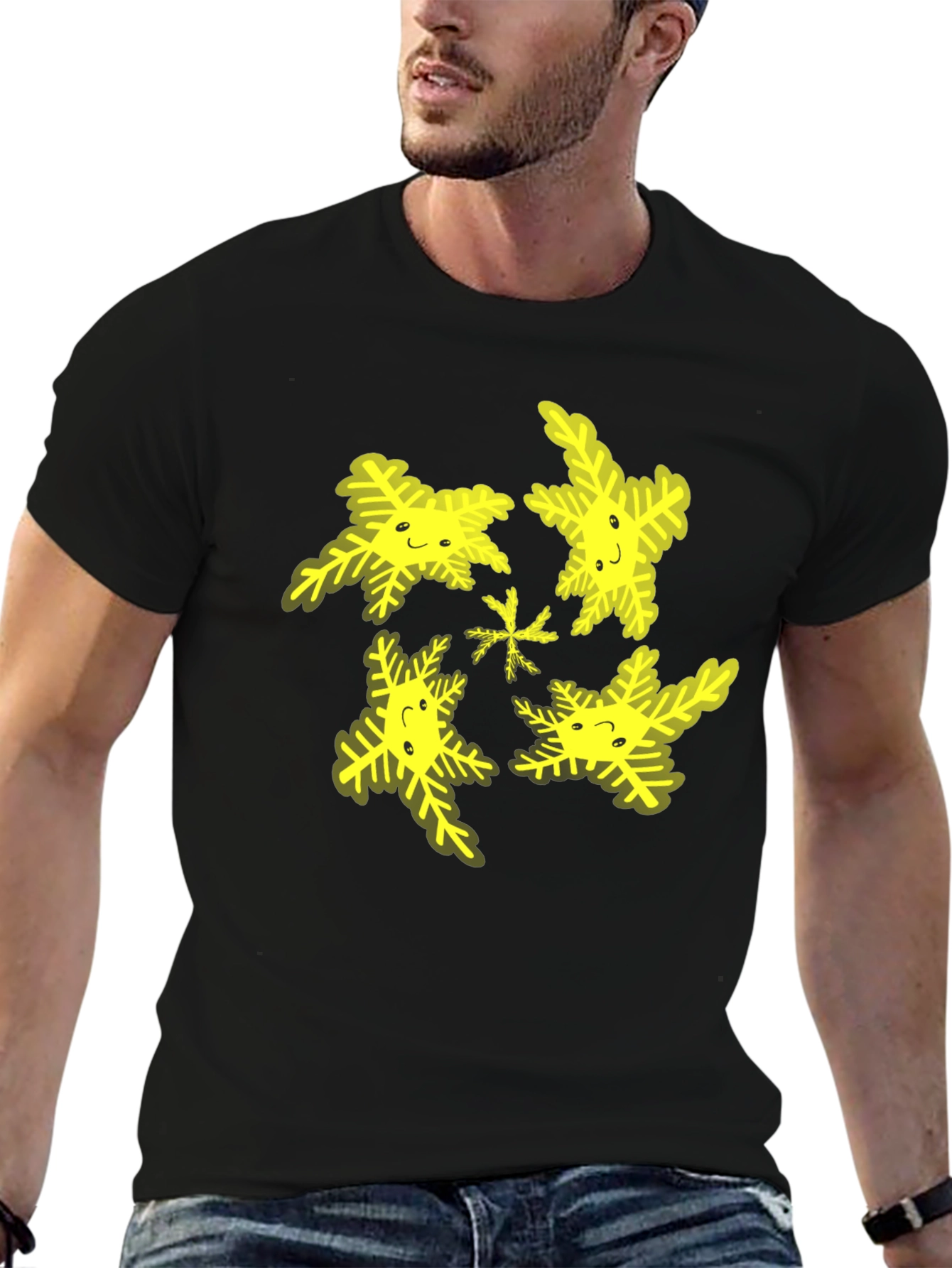 Black Cheerful Snowflake Pattern Black T-Shirt view 6