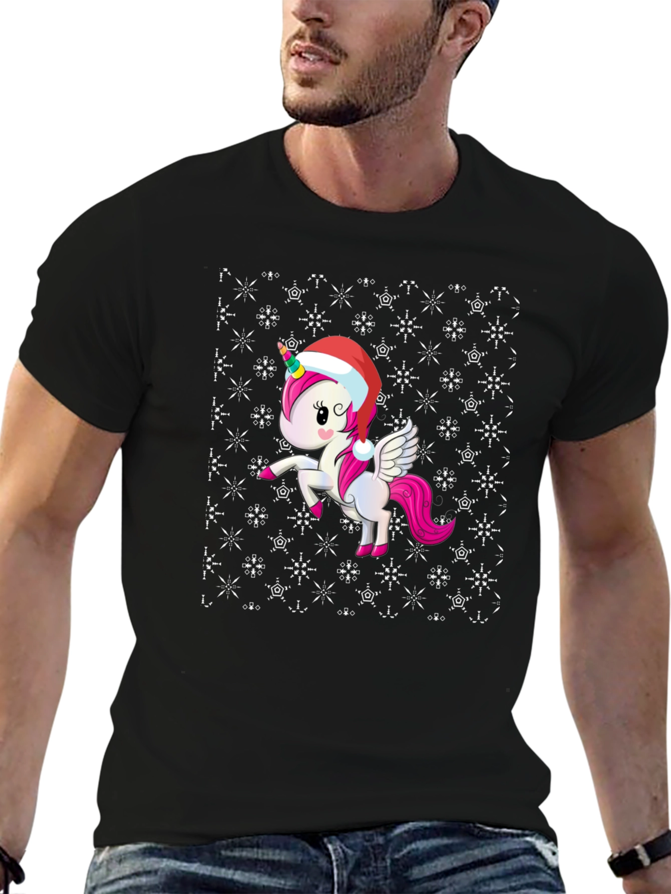 Black Festive Unicorn Christmas T-Shirt view 6