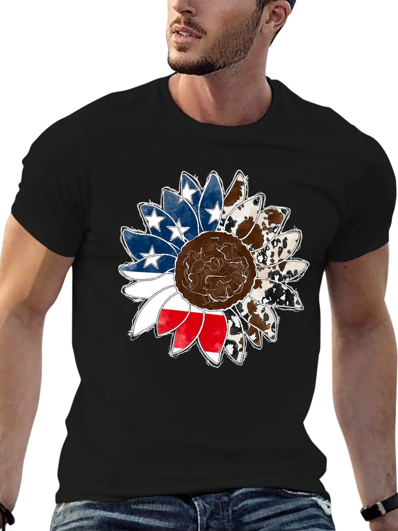 Black American Flag Sunflower Graphic Tee view 6
