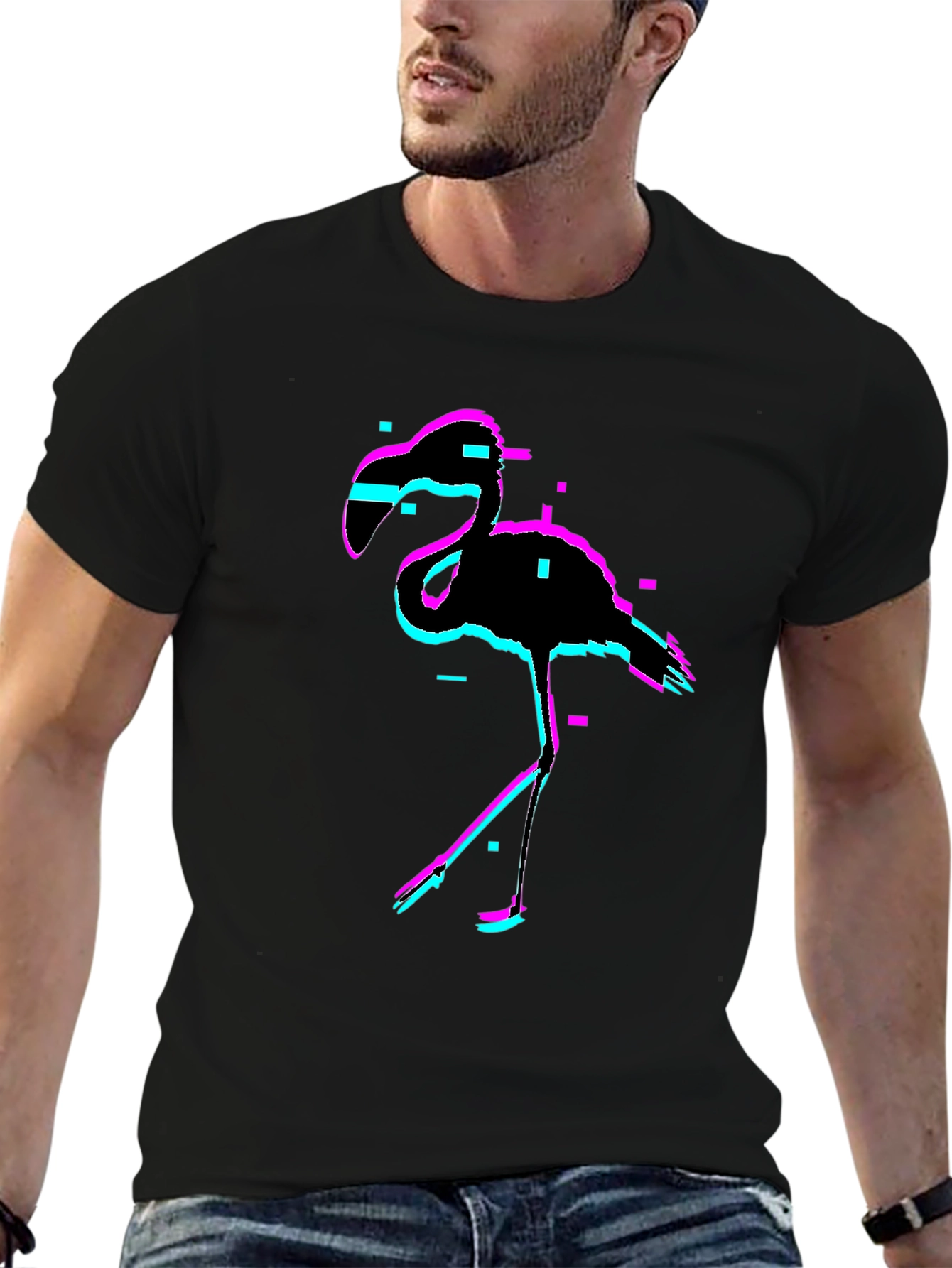 Black Glitch Flamingo Black T-Shirt view 6