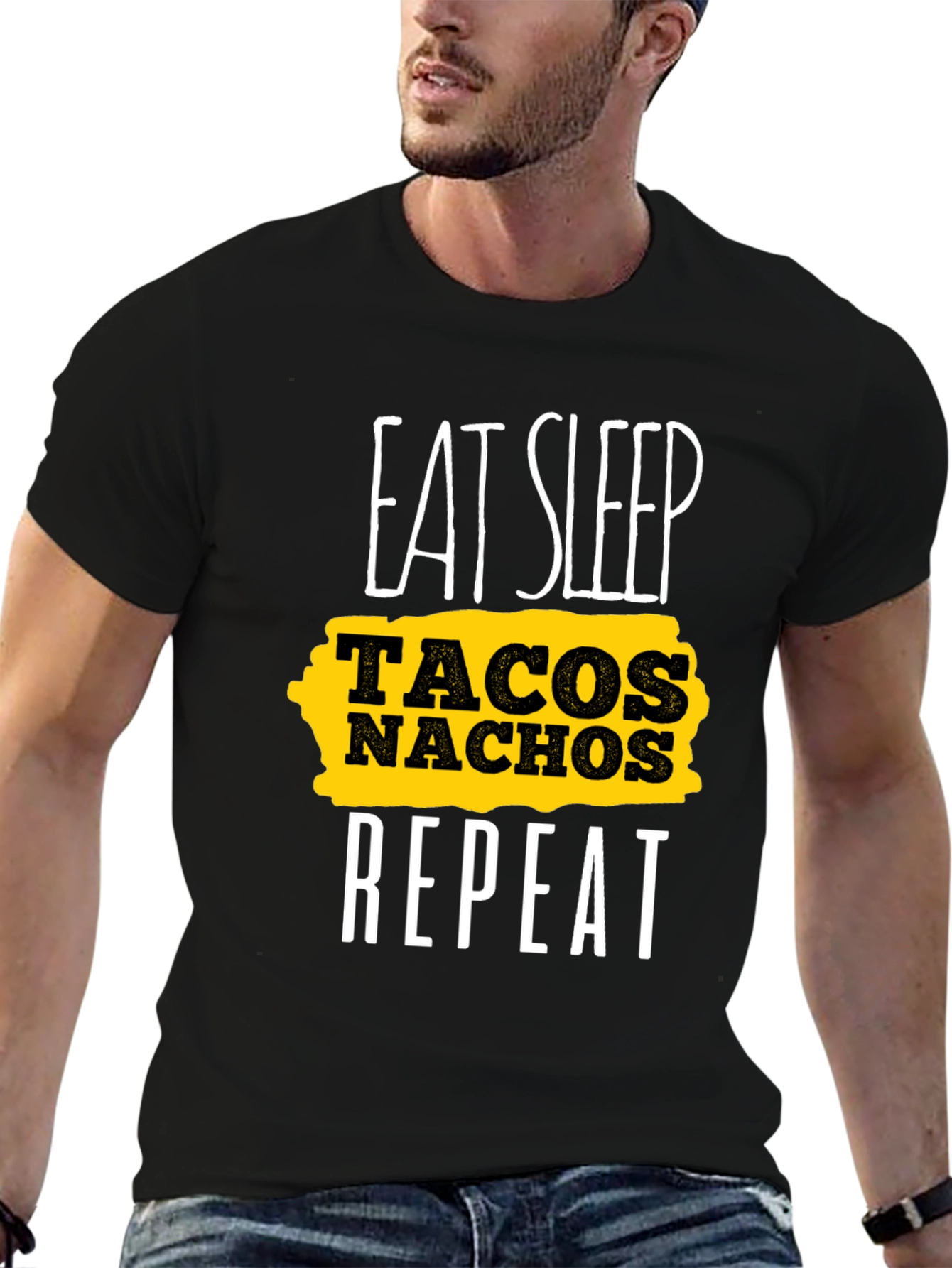 Black Eat Sleep Tacos Nachos Repeat Black Graphic Tee view 6