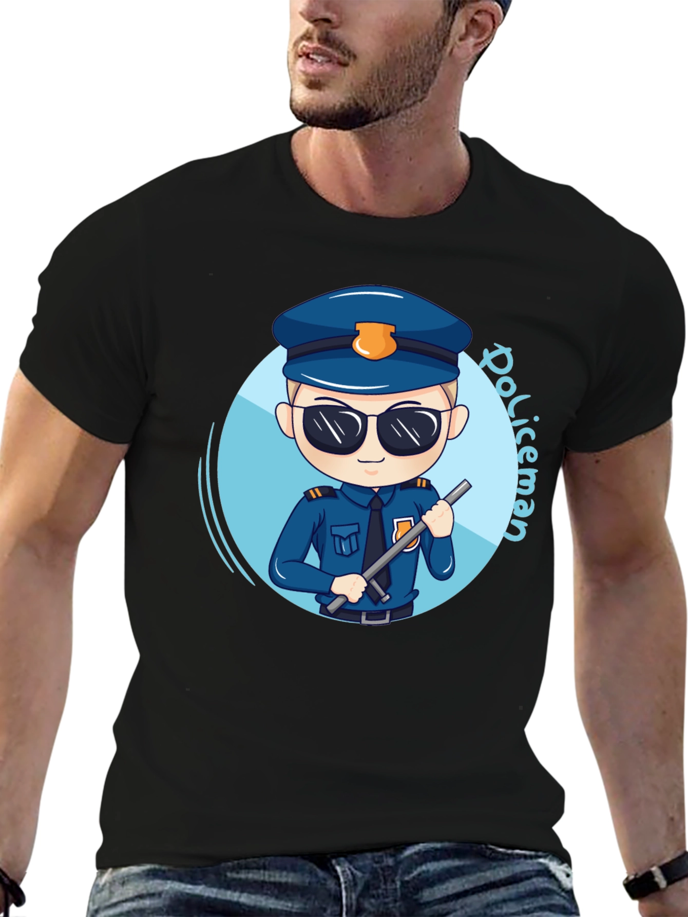Black Cartoon Policeman Graphic Tee - Black Unisex T-Shirt view 6