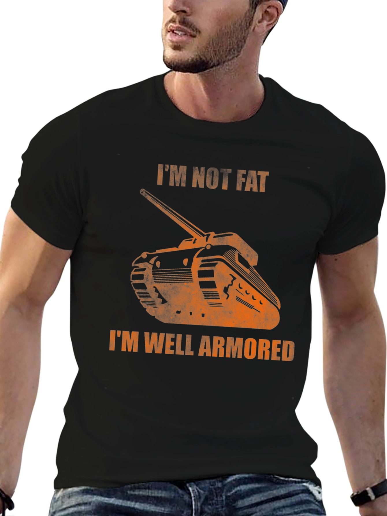 Black Funny Tank Graphic T-Shirt: I'm Not Fat, I'm Well Armored view 6