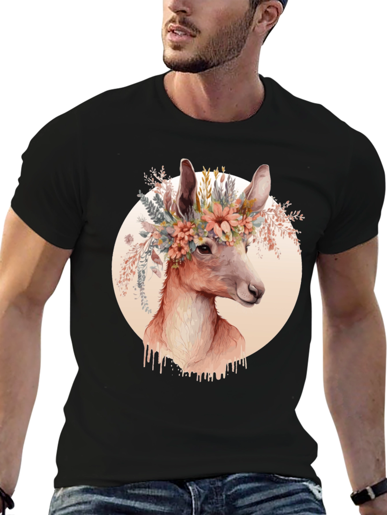 Black Floral Deer Graphic Tee - Trendy Unisex Shirt view 6