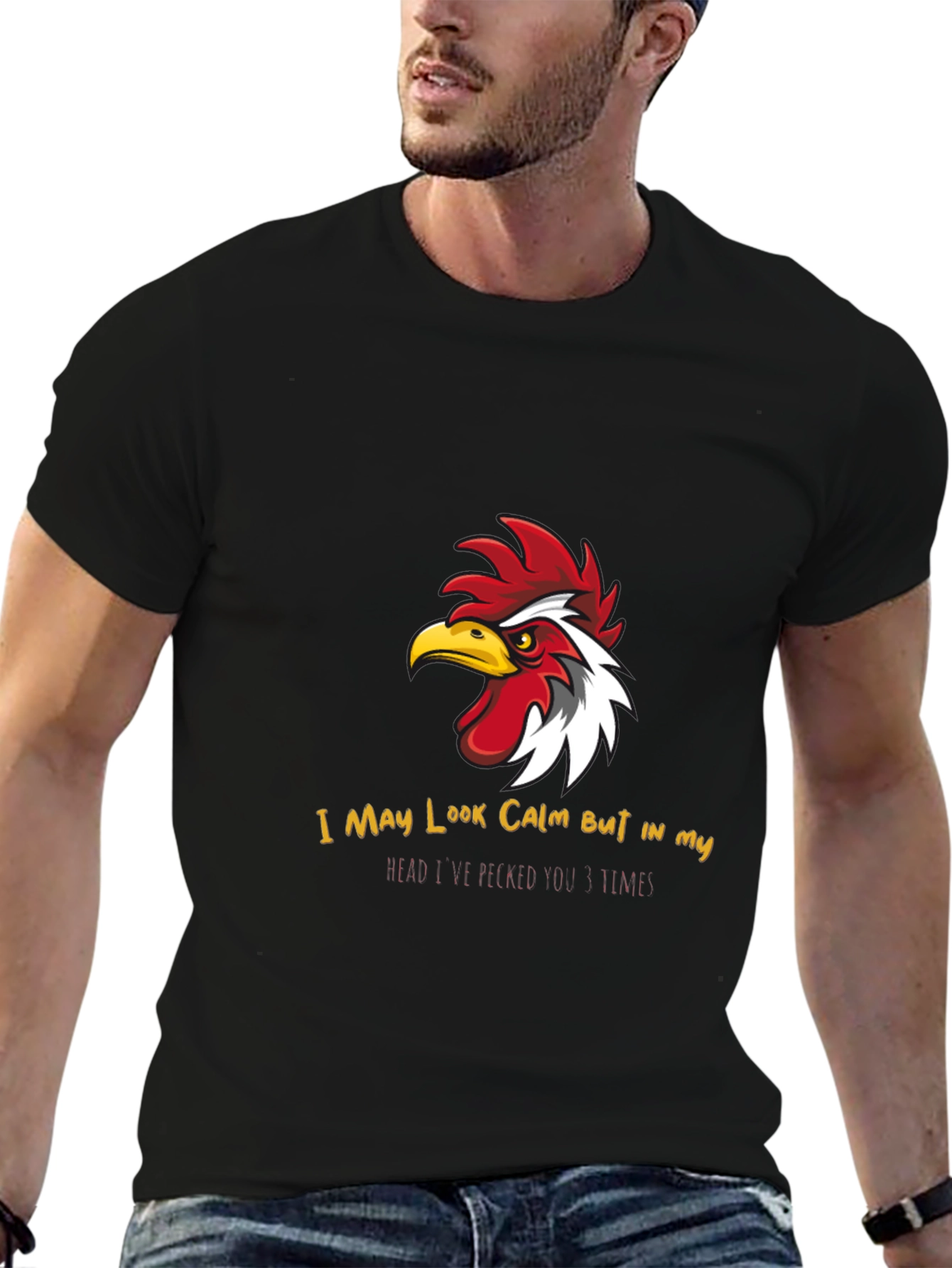 Black Calm Chicken Graphic Tee - Funny Rooster T-Shirt view 6