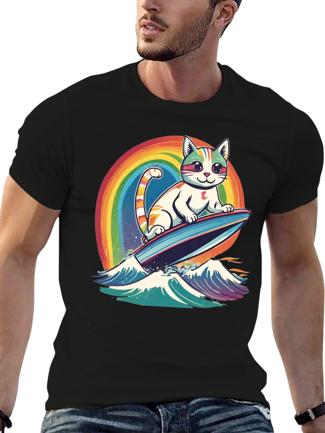 Black Surfing Cat Rainbow T-Shirt view 6