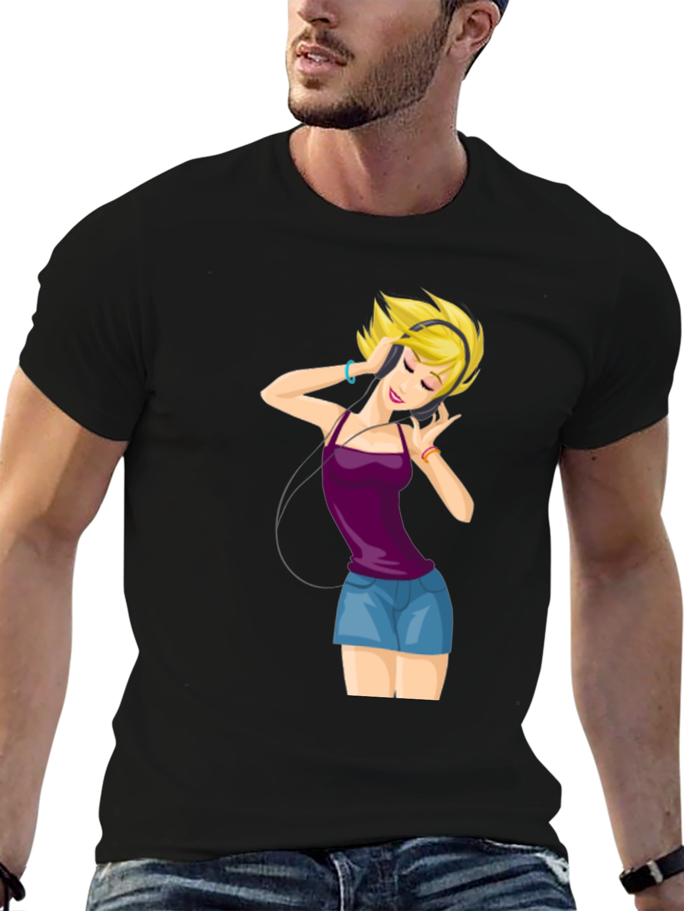 Black Music Lover T-Shirt: Cartoon Girl with Headphones view 6