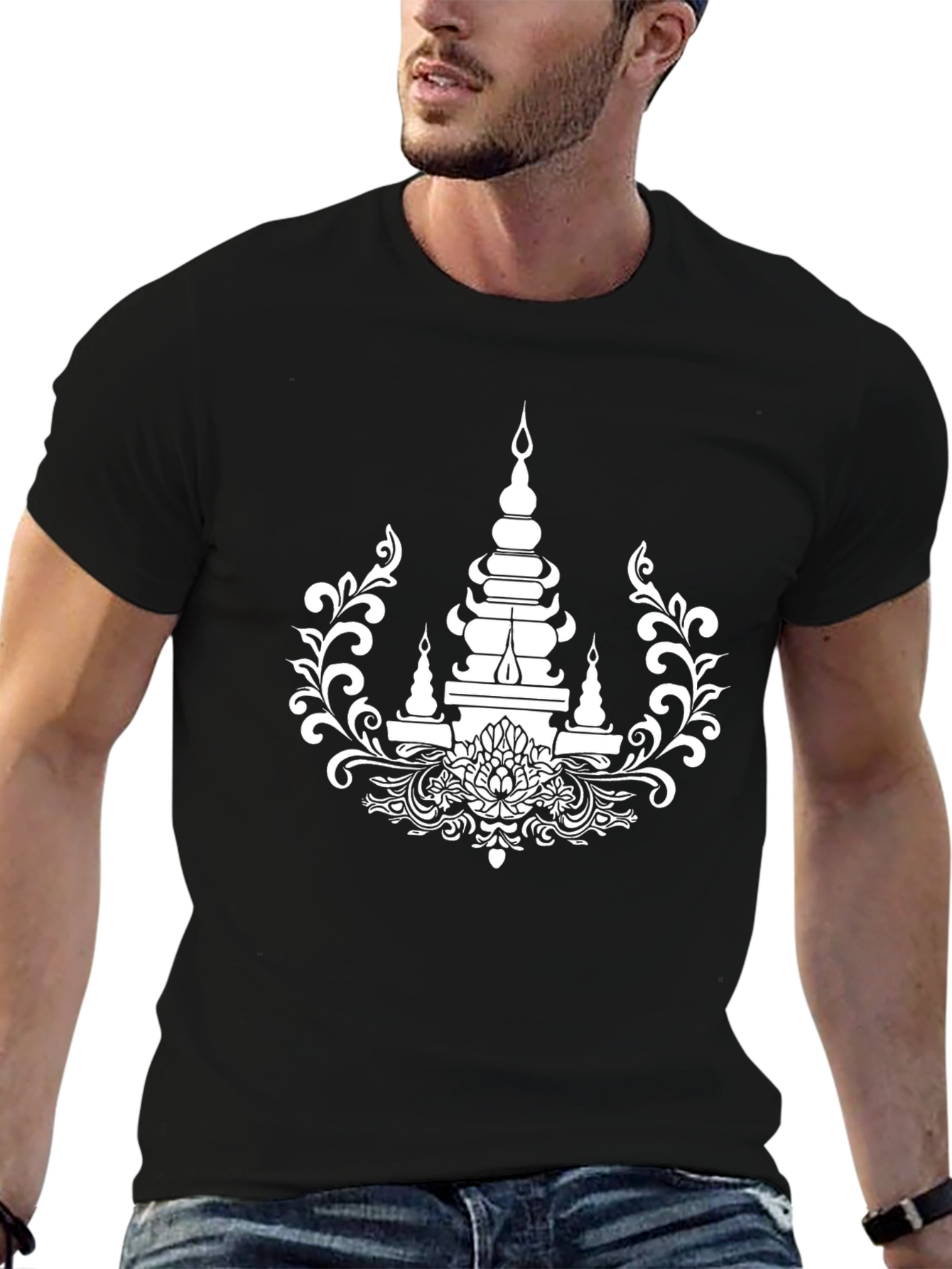 Black Elegant Black T-Shirt with White Temple Design view 6