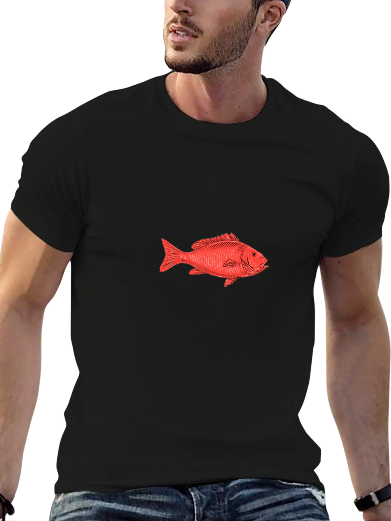 Black Red Fish Graphic Tee - Black Cotton T-Shirt view 6