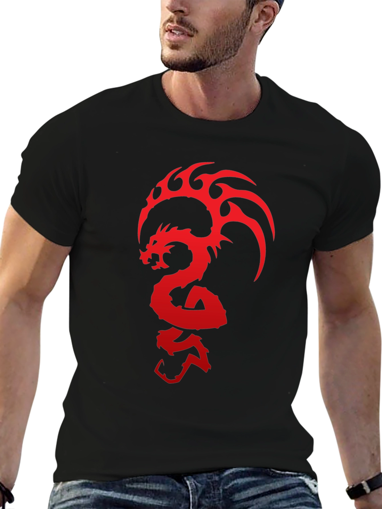 Black Dragon Graphic T-Shirt - Bold Red Design on Black Cotton Tee view 6