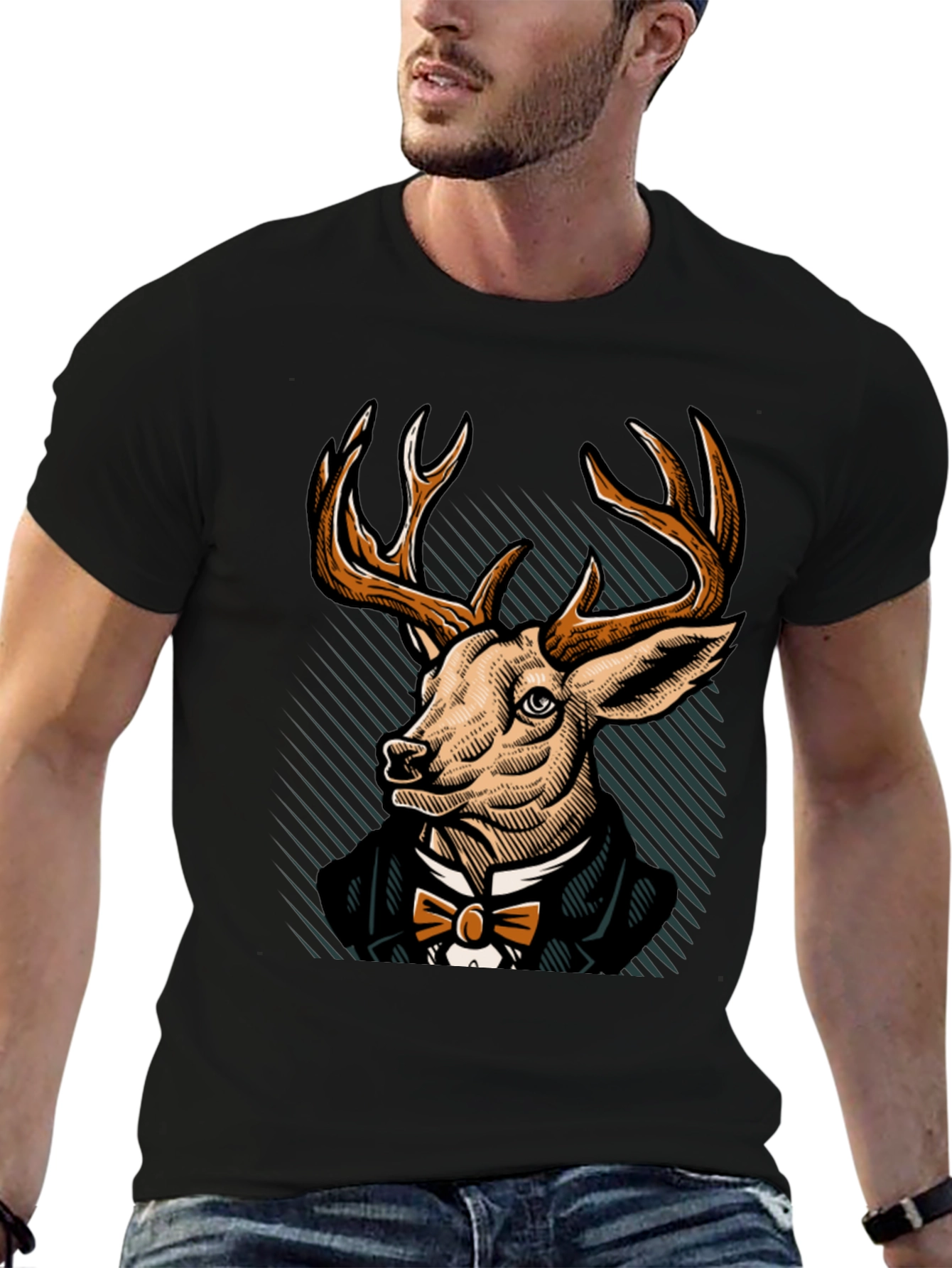 Black Dapper Deer T-Shirt - Elegant Animal Graphic Tee view 6