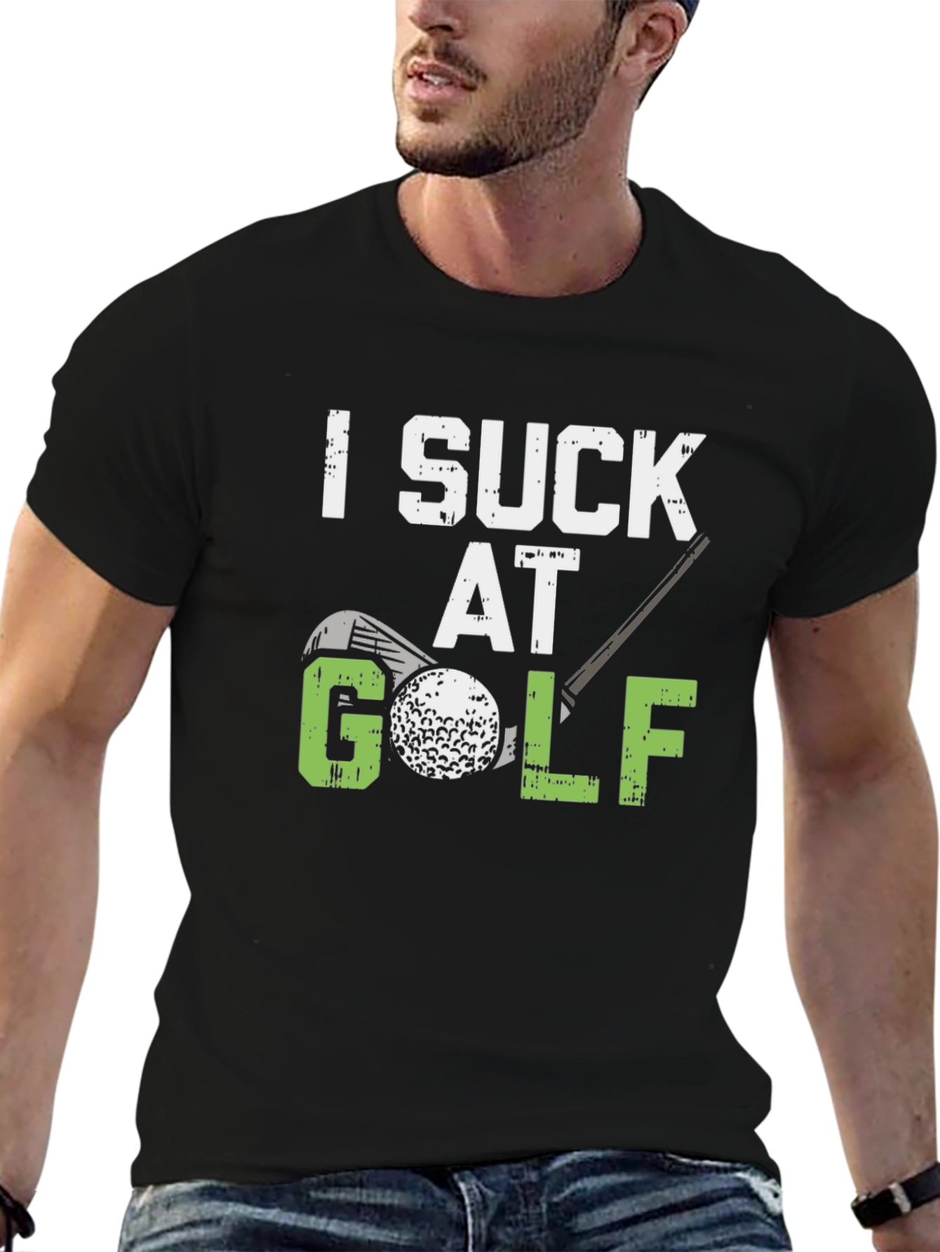 Black Funny Golf T-Shirt - I Suck At Golf Tee view 6