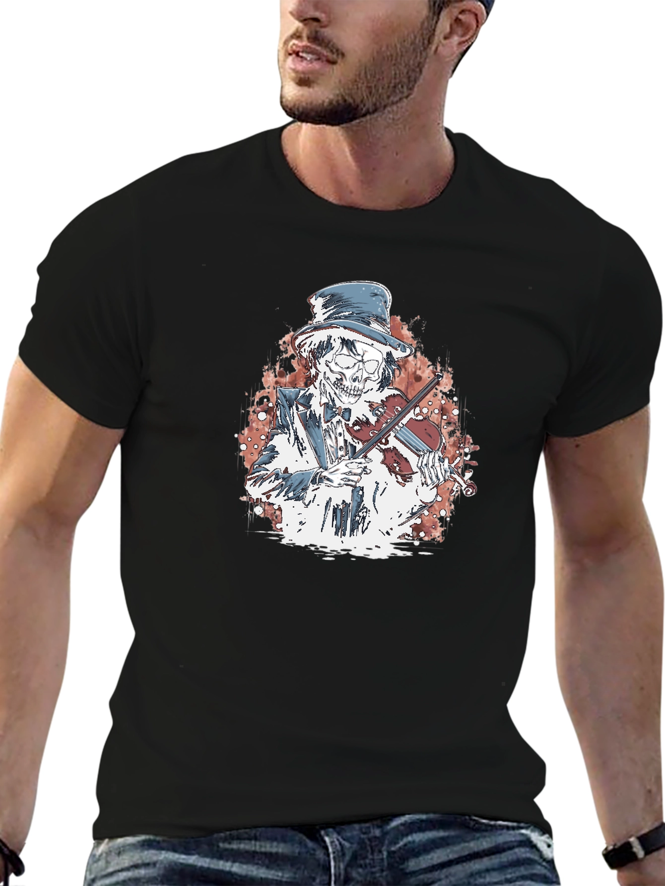 Black Skeleton Violinist Graphic Tee view 6