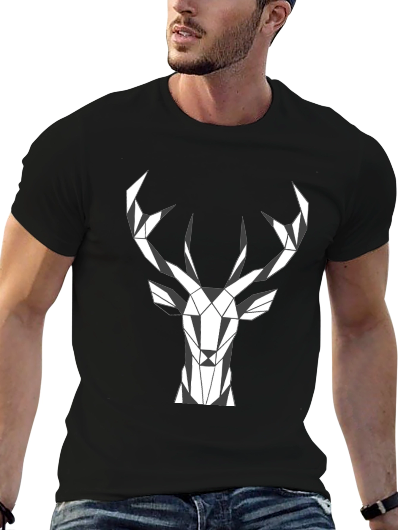 Black Geometric Deer Head Graphic Tee - Stylish Menswear view 6