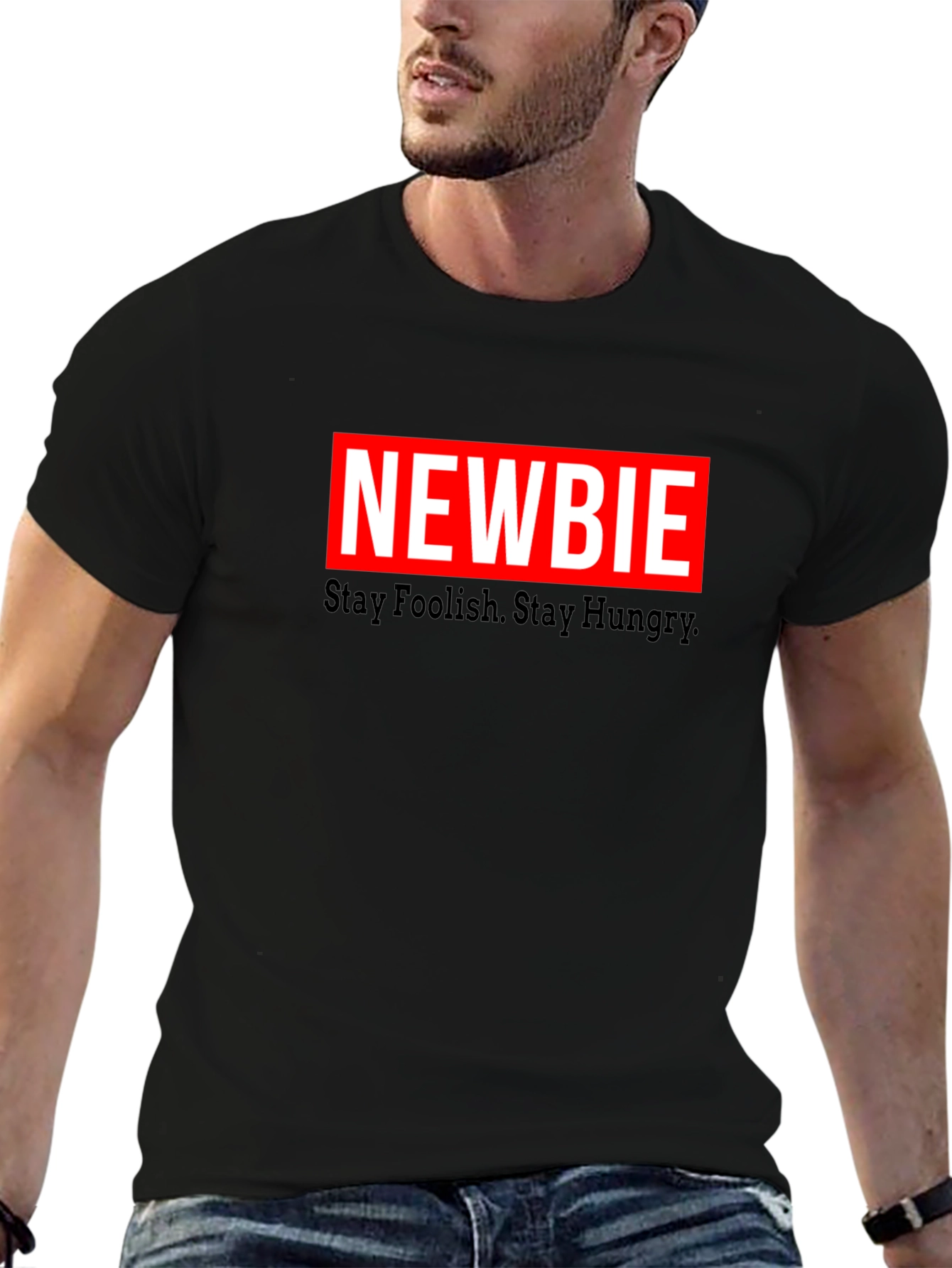 Black Newbie Tee: Stay Foolish, Stay Hungry - Black T-Shirt view 6