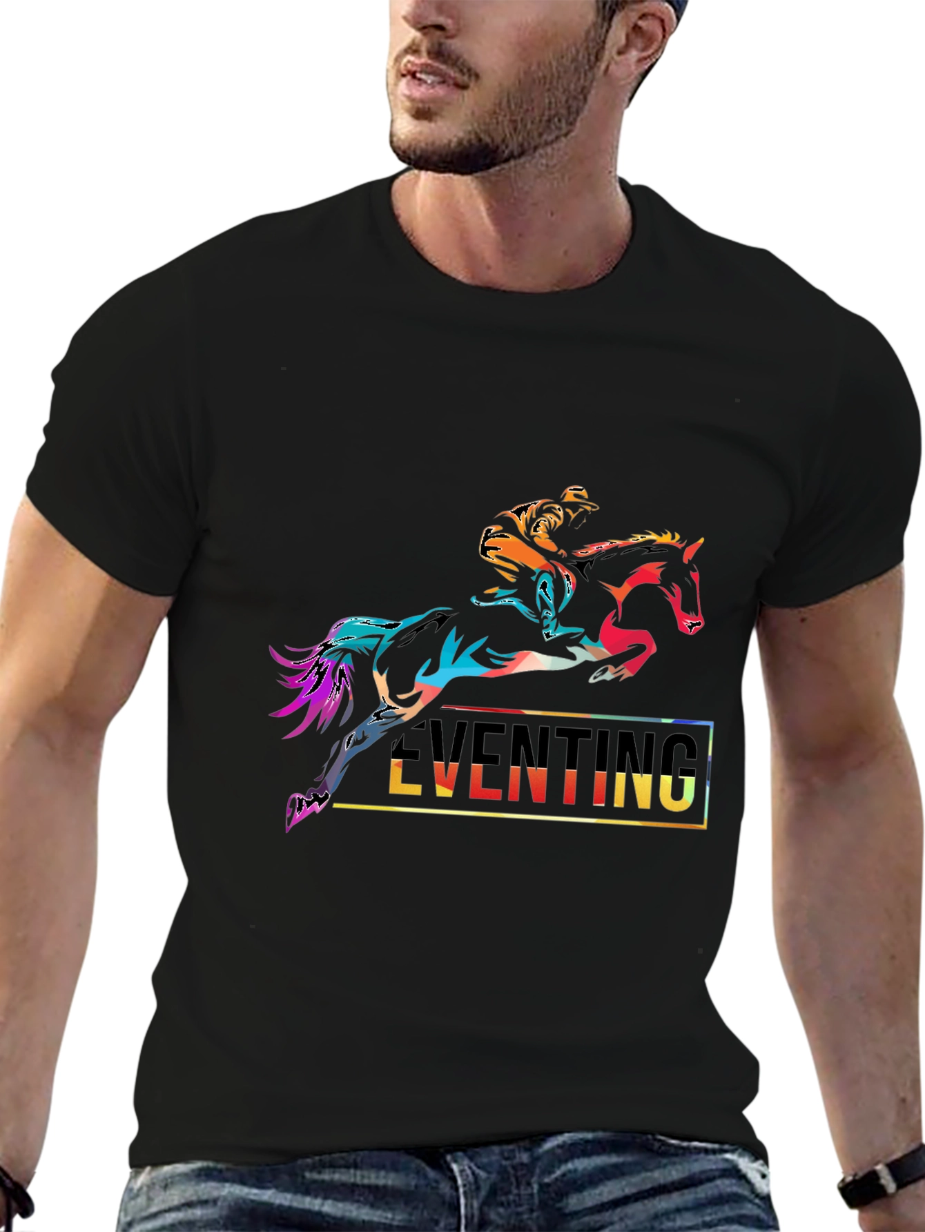 Black Eventing Horse Rider Graphic Tee - Black Cotton T-Shirt view 6