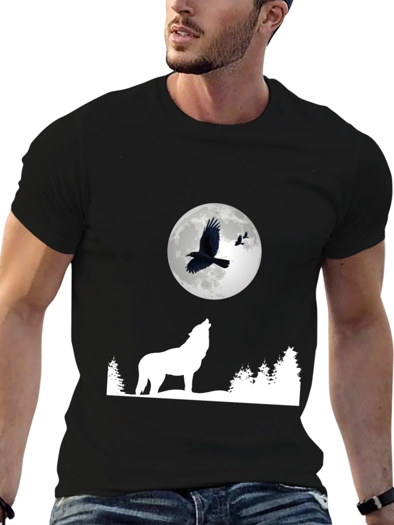 Black Wolf Moon Raven Graphic Tee - Black view 6