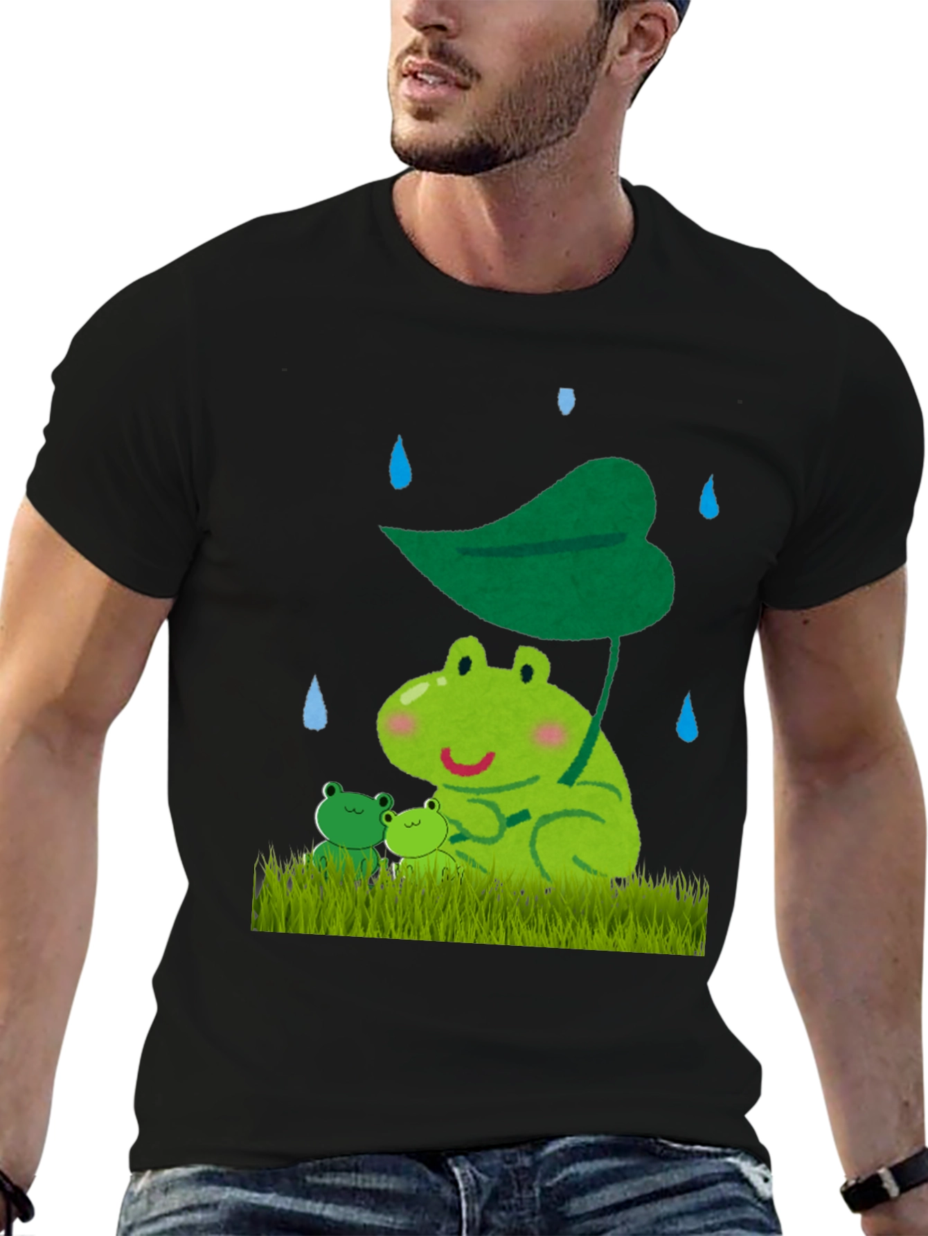 Black Frog Family Under Leaf Umbrella T-Shirt view 6