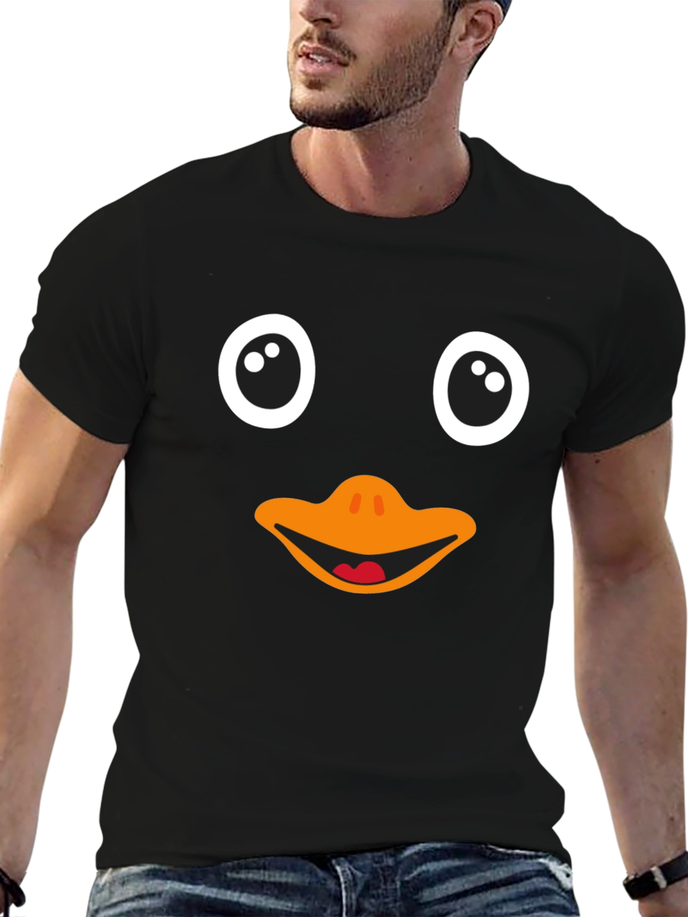 Black Funny Penguin Face Black T-Shirt view 6