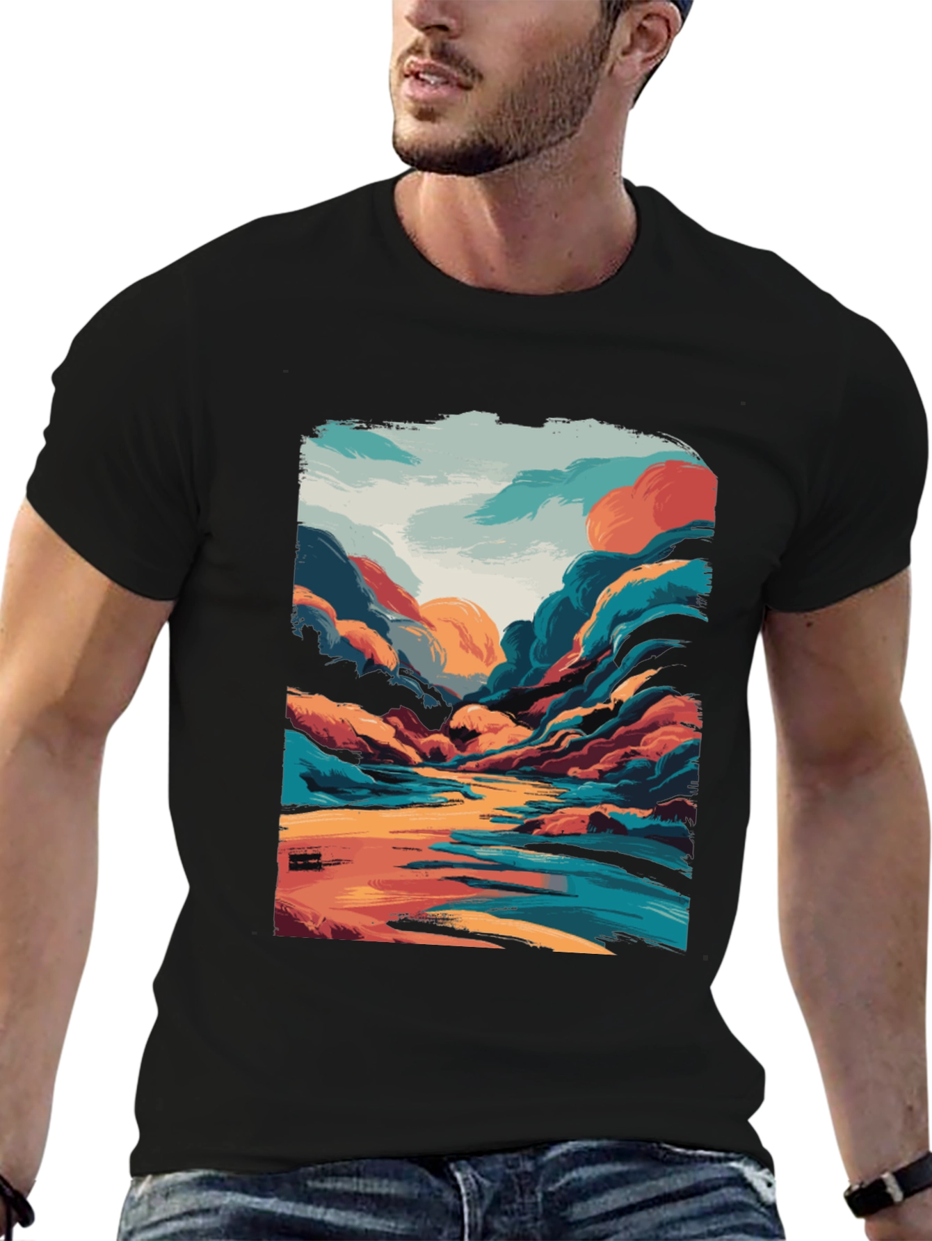Black Vivid Landscape Graphic Tee - Artistic Comfort view 6