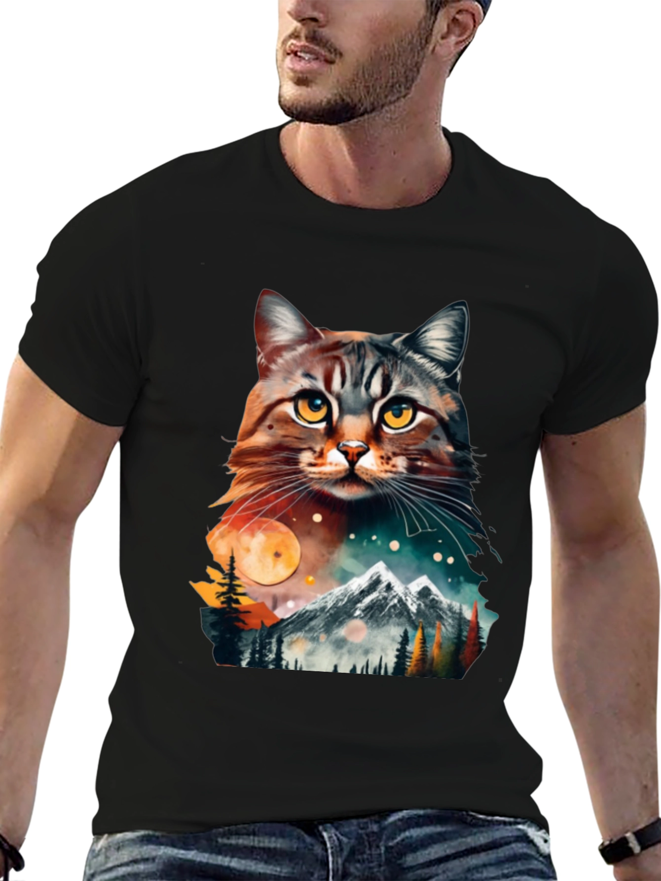 Black Cat & Mountain Graphic Tee - Unique Nature Design view 6