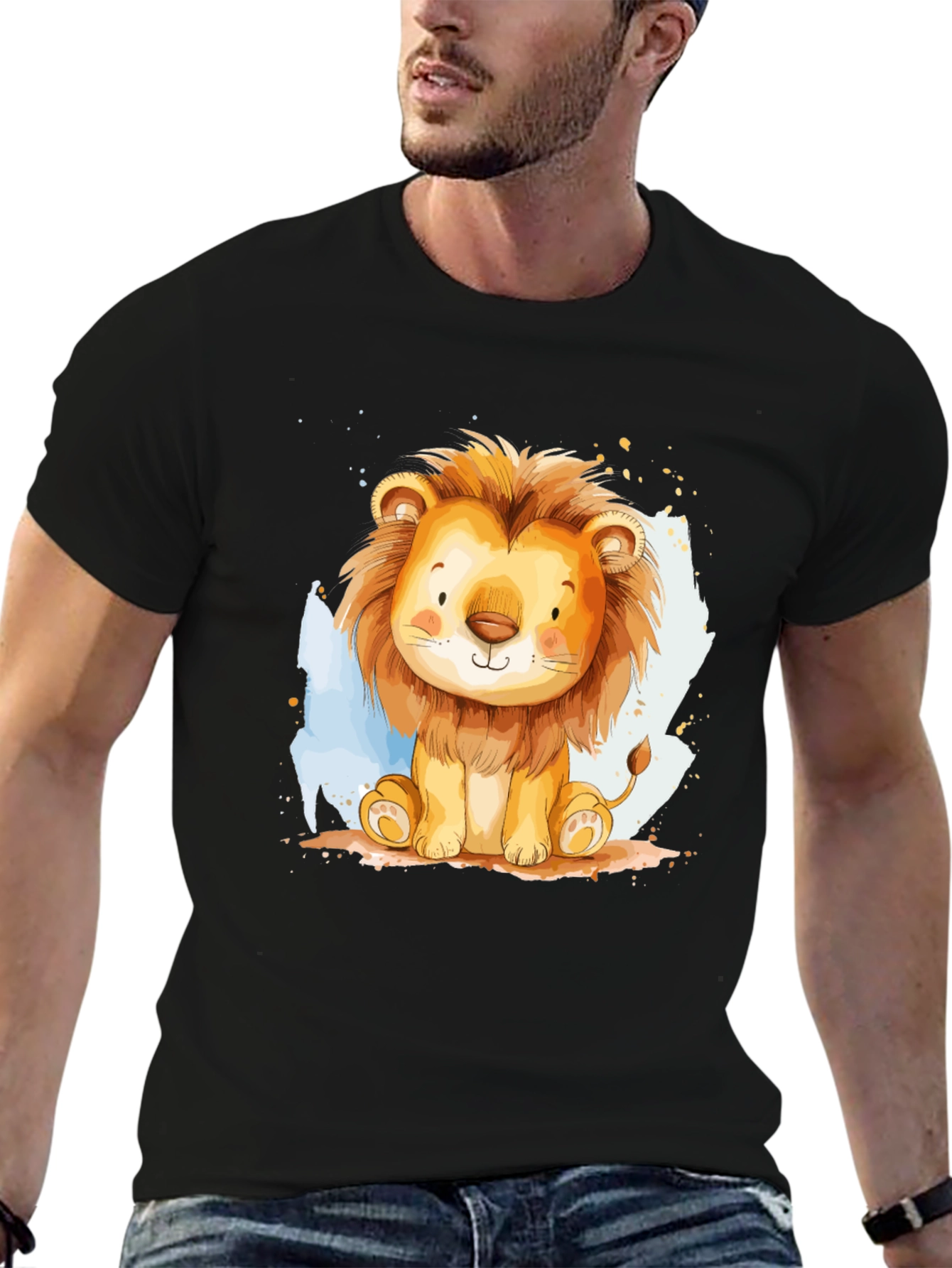 Black Cute Lion Graphic Tee - Black Cotton T-Shirt view 6