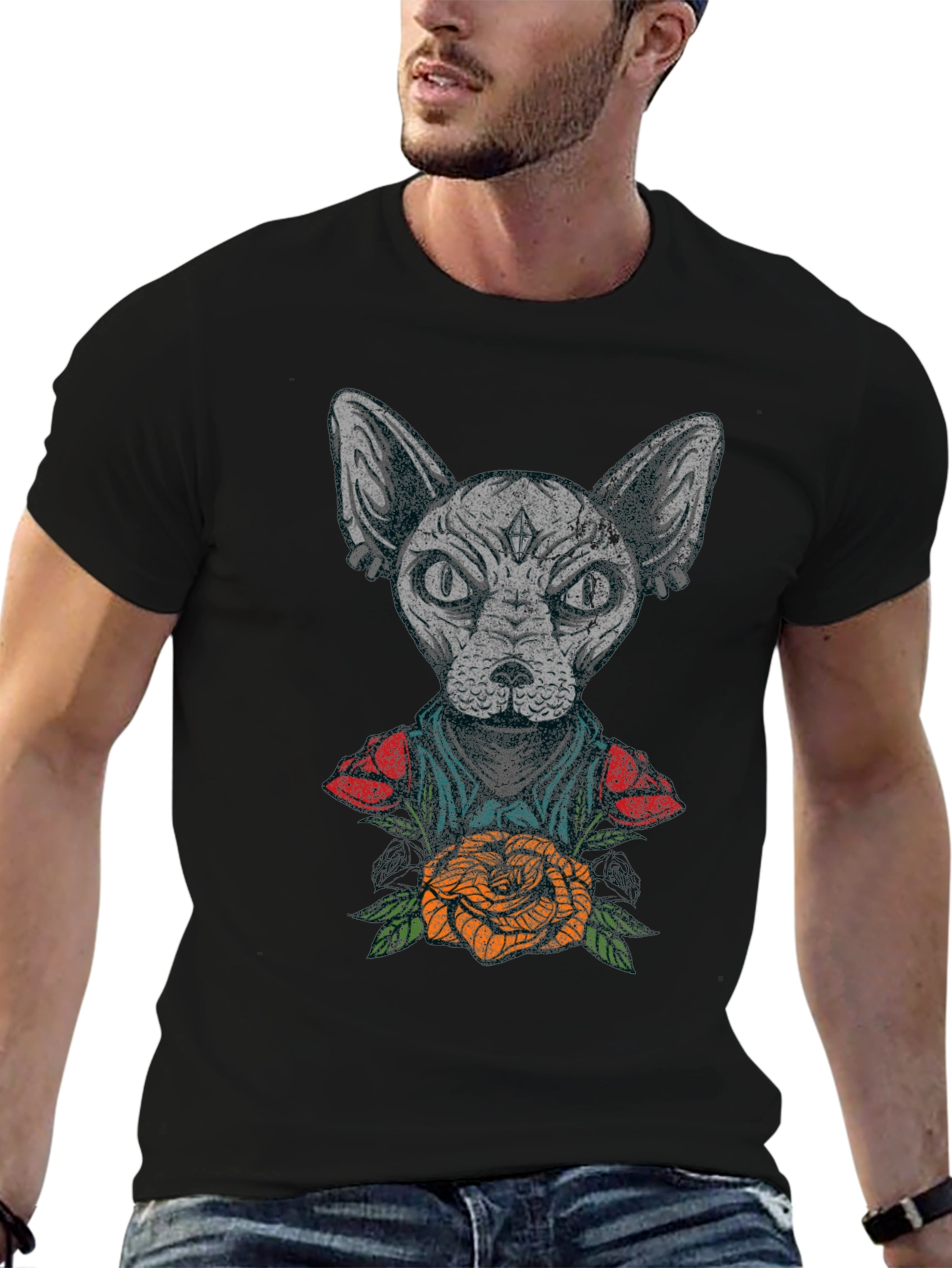Black Sphynx Cat Tattoo Graphic T-Shirt view 6