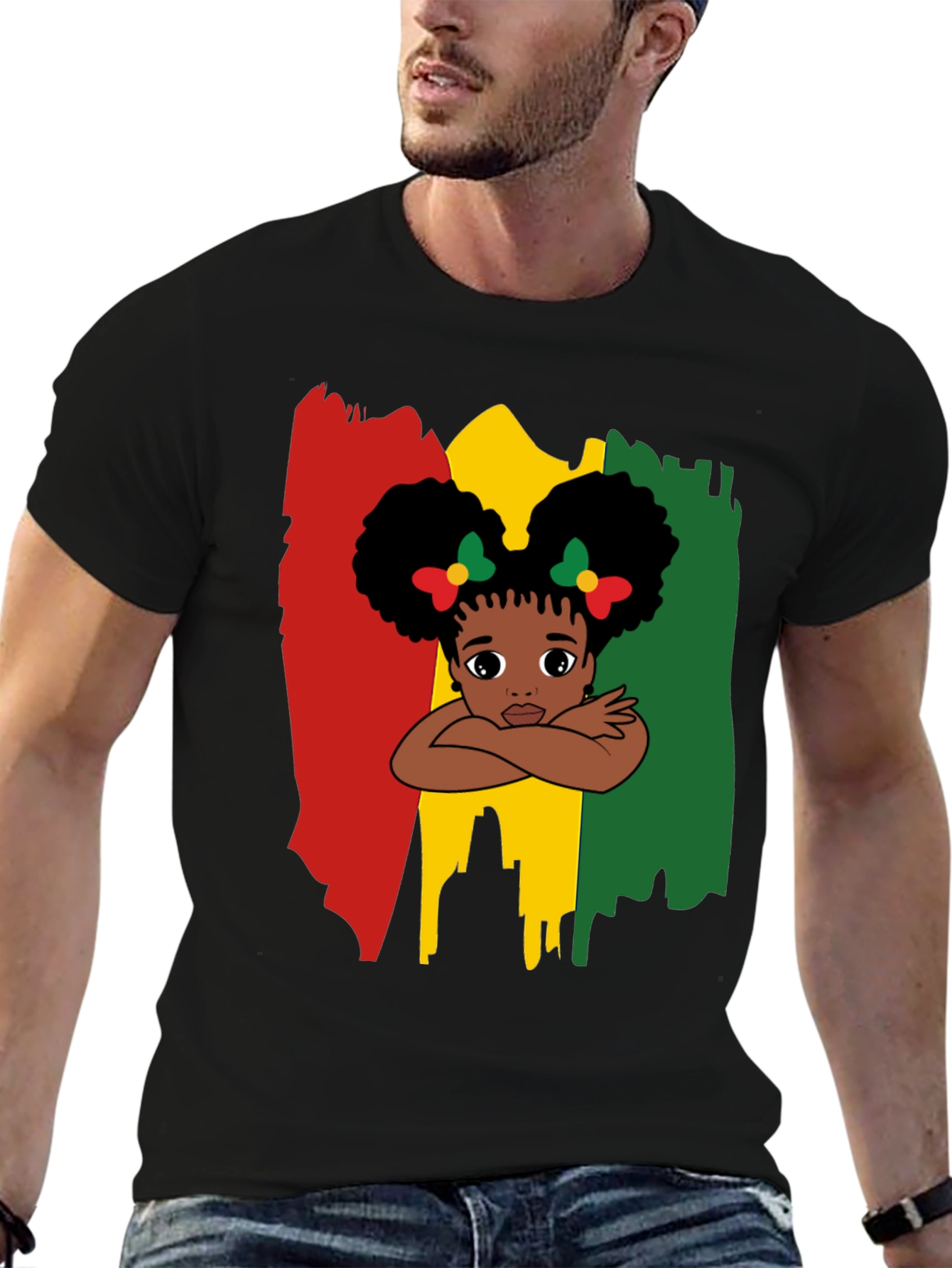 Black Cute Girl Afro T-Shirt - Red Yellow Green view 6