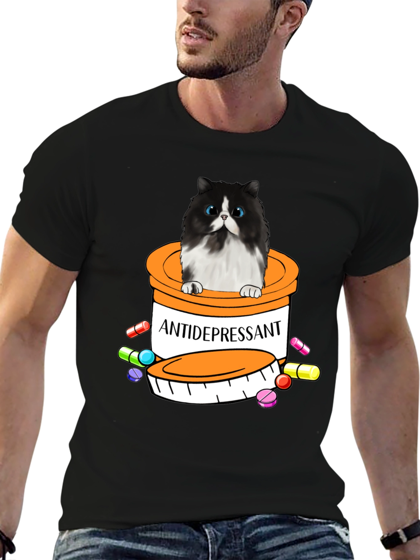 Black Antidepressant Cat T-Shirt - Funny Novelty Tee view 6