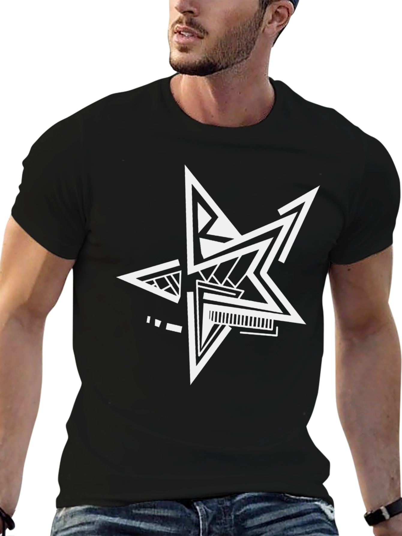 Black Modern Geometric Star T-Shirt - Black Cotton Tee view 6