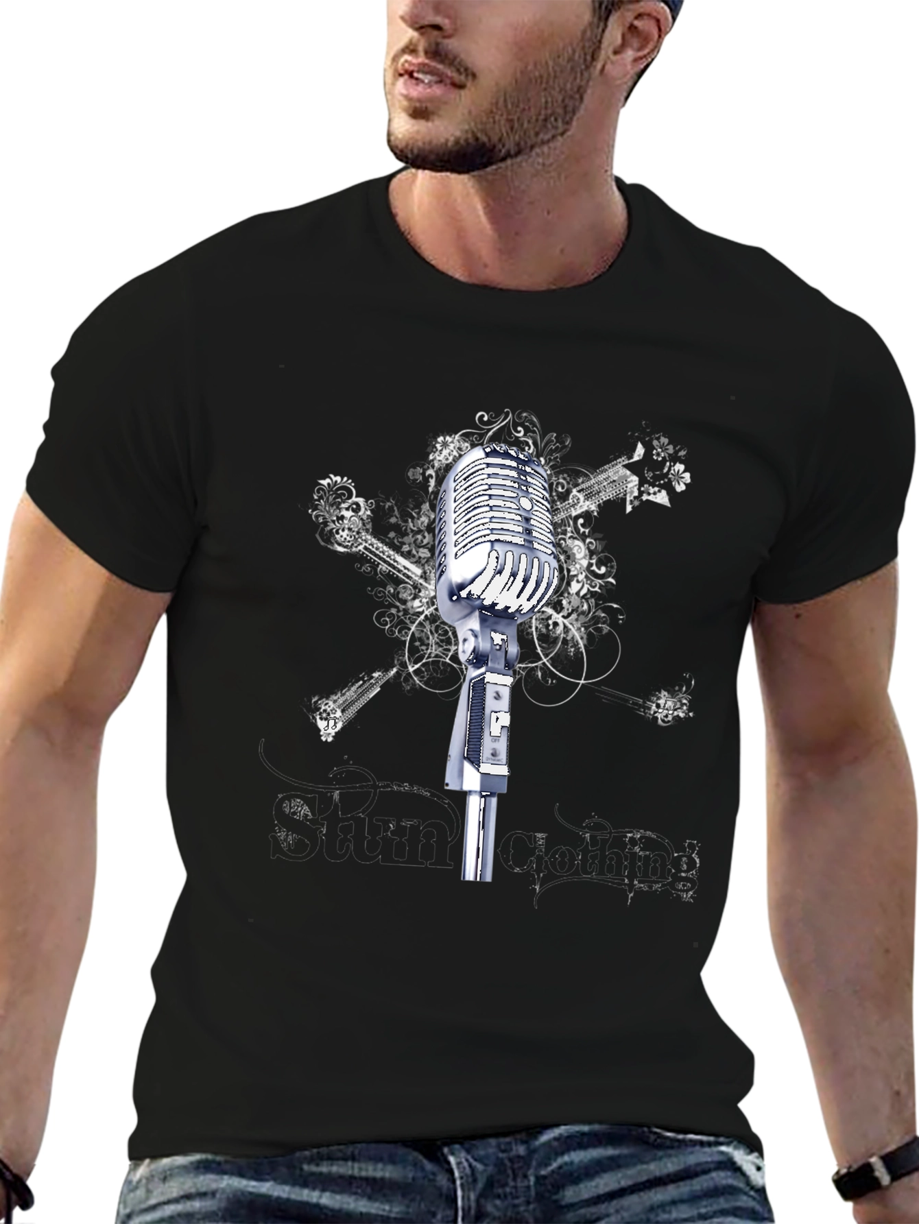 Black Vintage Microphone Graphic Tee - Black view 6