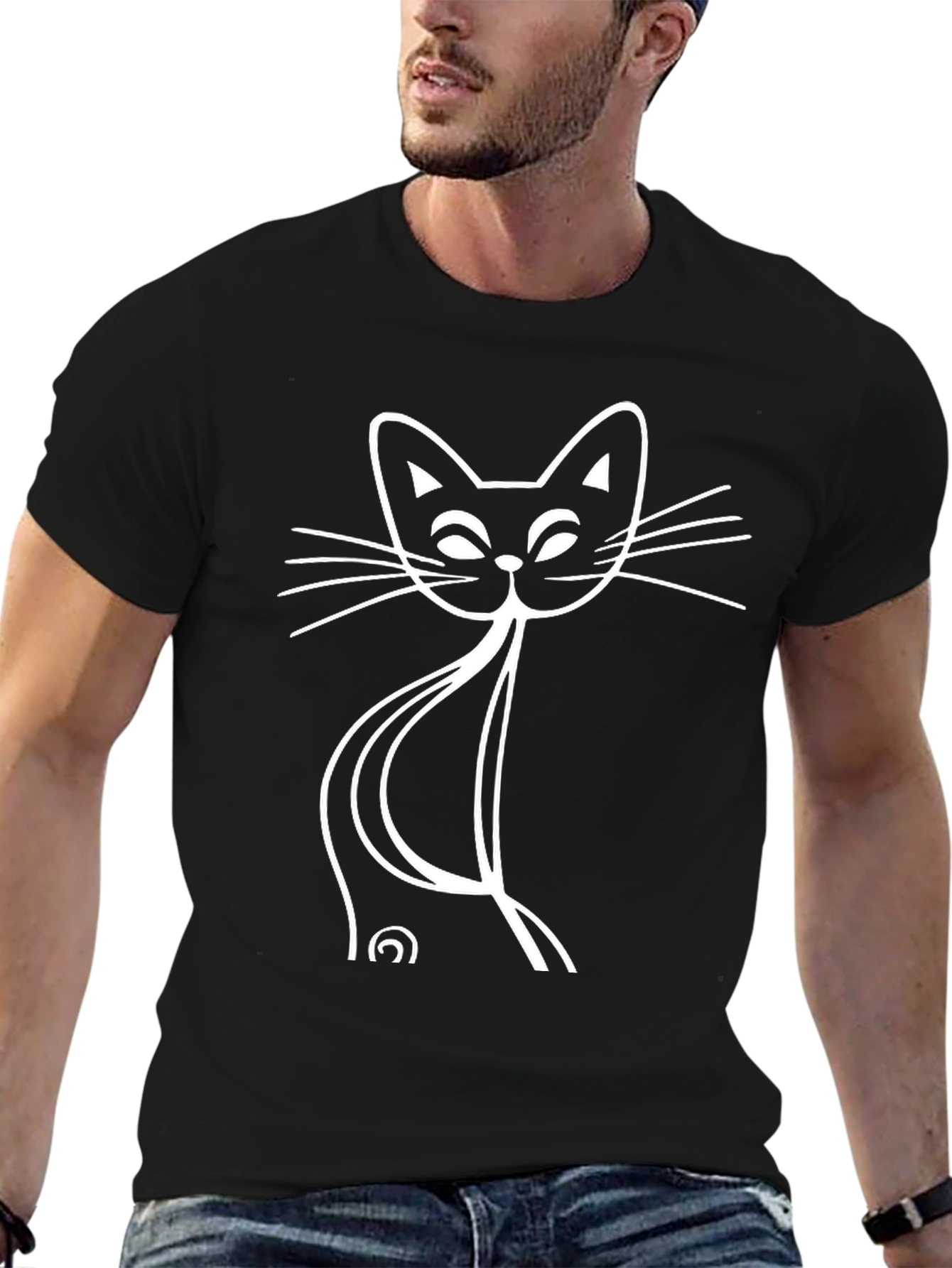 Black Stylized Cat Graphic Tee - Black Cotton Blend view 6