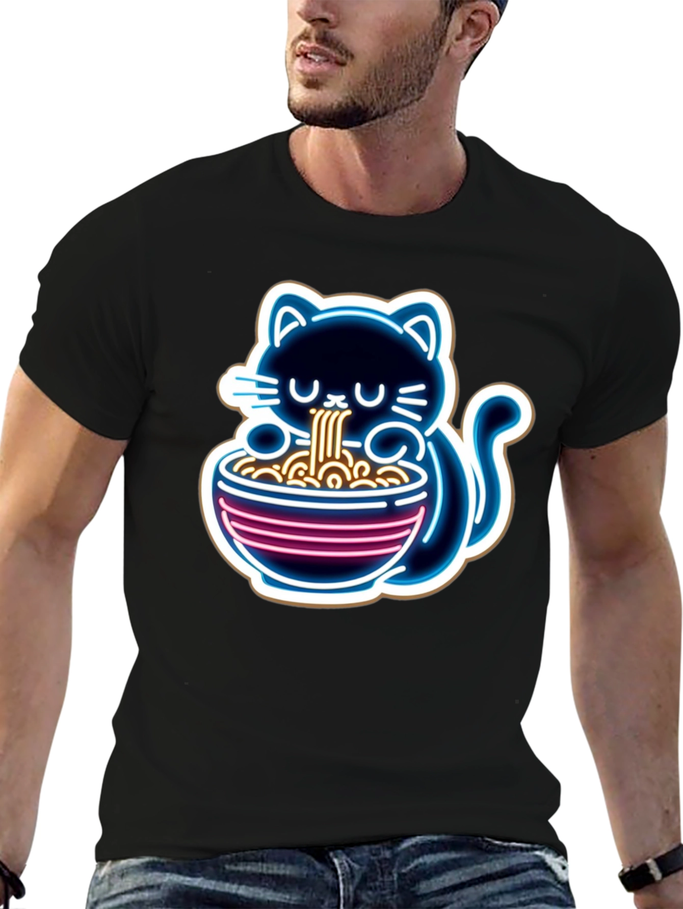 Black Neon Cat Ramen T-Shirt - Unique Graphic Tee view 6