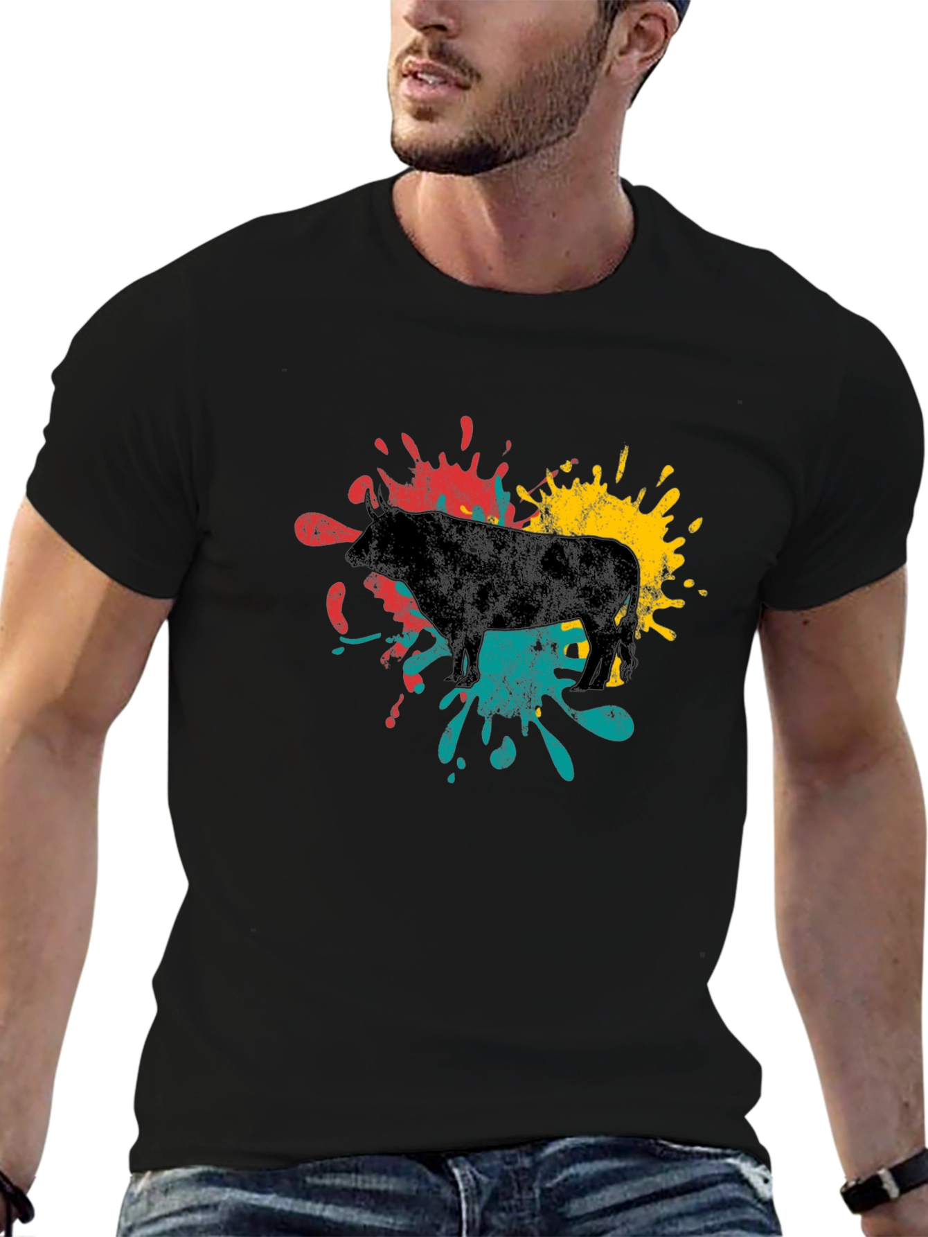 Black Abstract Bull Graphic Tee - Black view 6