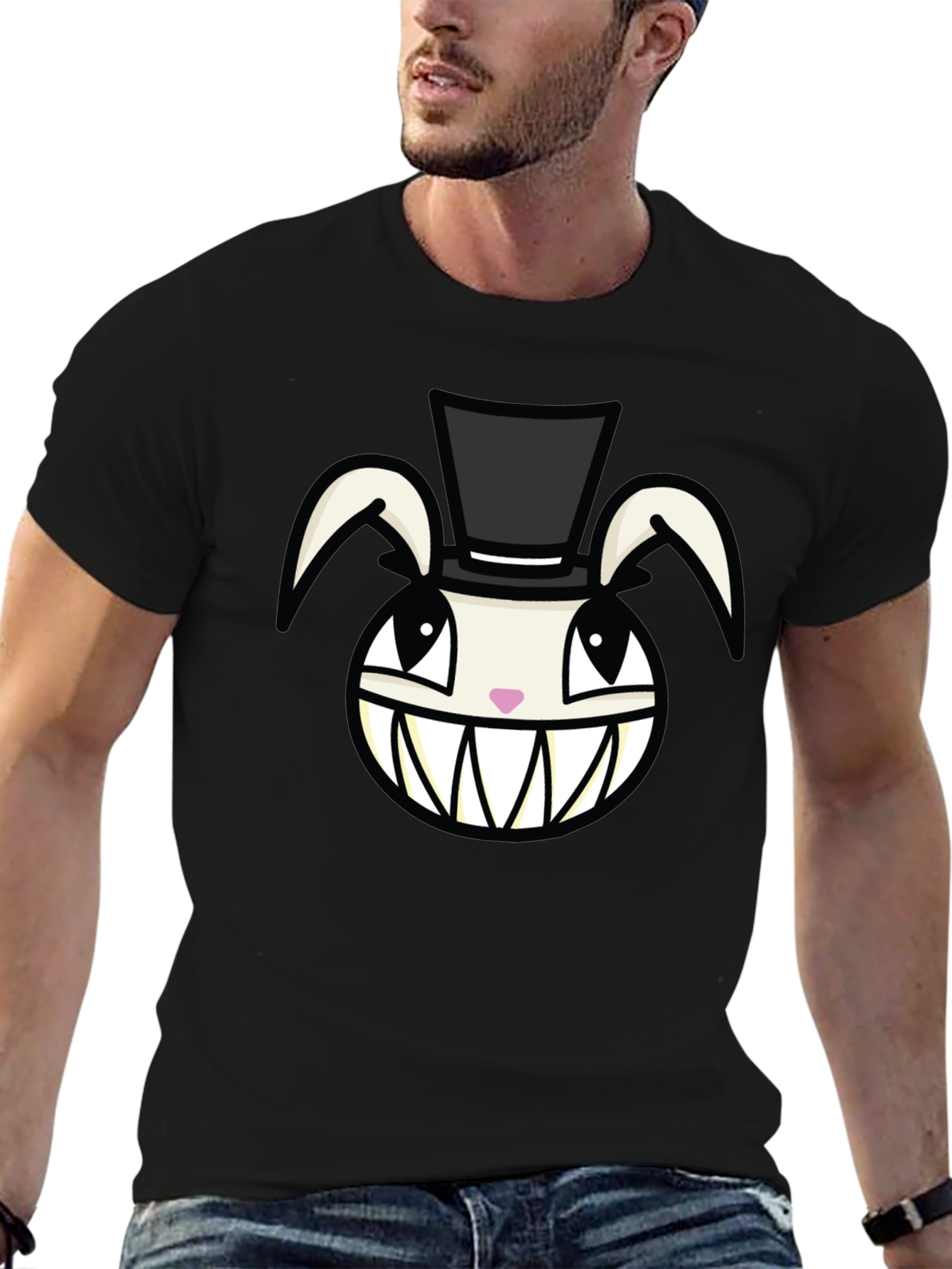 Black Creepy Rabbit Top Hat Graphic Tee - Black view 6